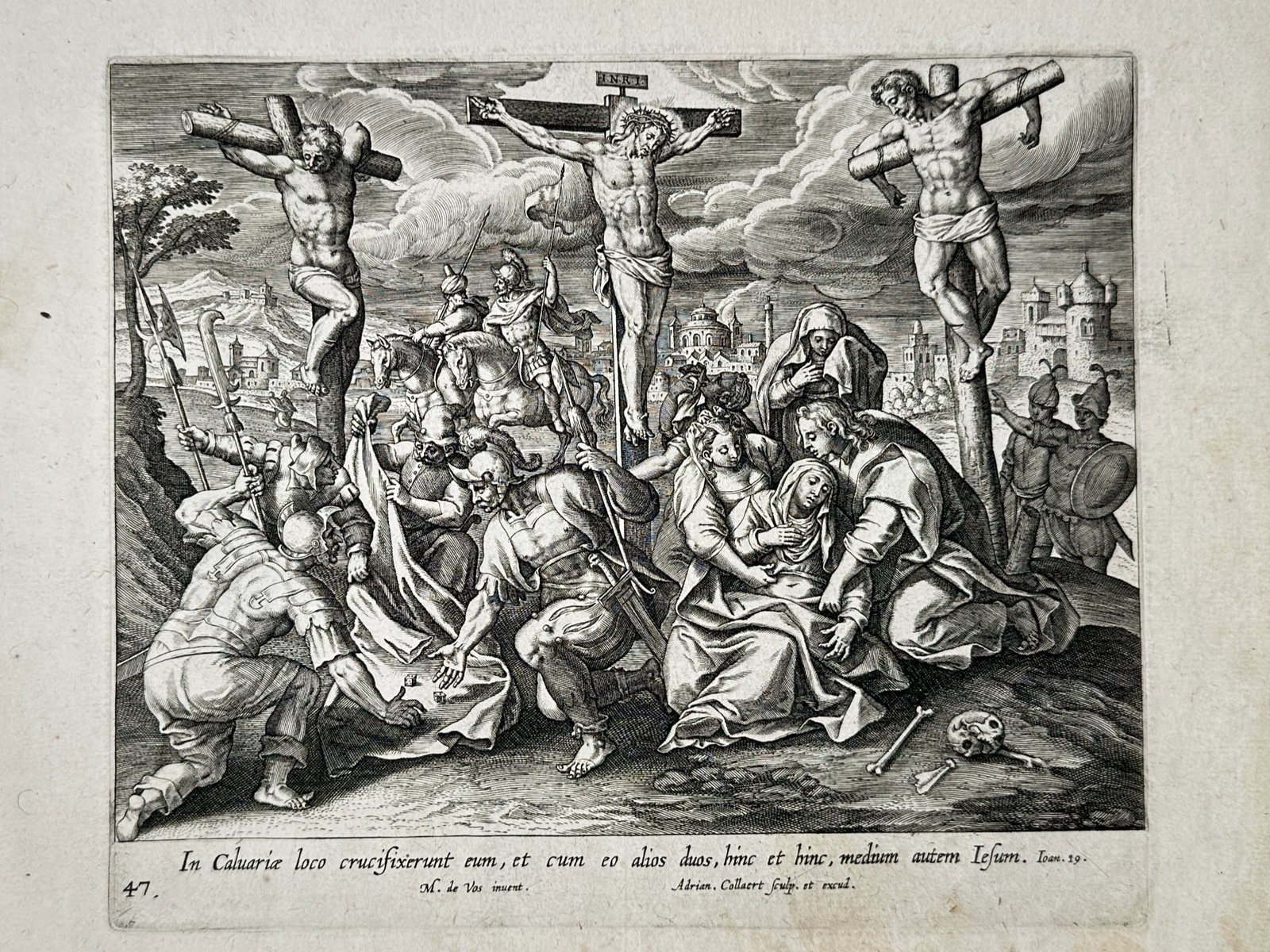 Adriaen Collaert (c. 1560-1618) after Marten de Vos – View of the Crucifixion – Engraving (1585): "In Calvariae loco crucifixerunt eum..." portrays the dramatic scene of the Crucifixion at Golgotha, featuring Christ on the central cross flanked by the two thieves. At the foot of the cross, Roman s