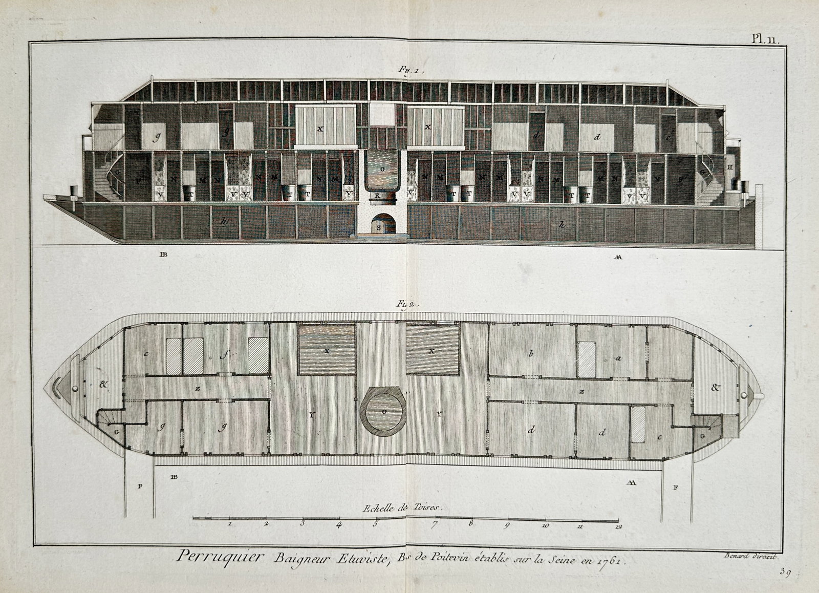 Robert Bénard (1734-1777) – View of a Floating Bathhouse on the Seine – Hand-coloured engraving: "Perruquier Baigneur Etuviste, B.s de Poitevin établis sur la Seine en 1761. Pl. 11." presents a detailed architectural cross-section and floor plan of a specialized floating establishment on the Sei