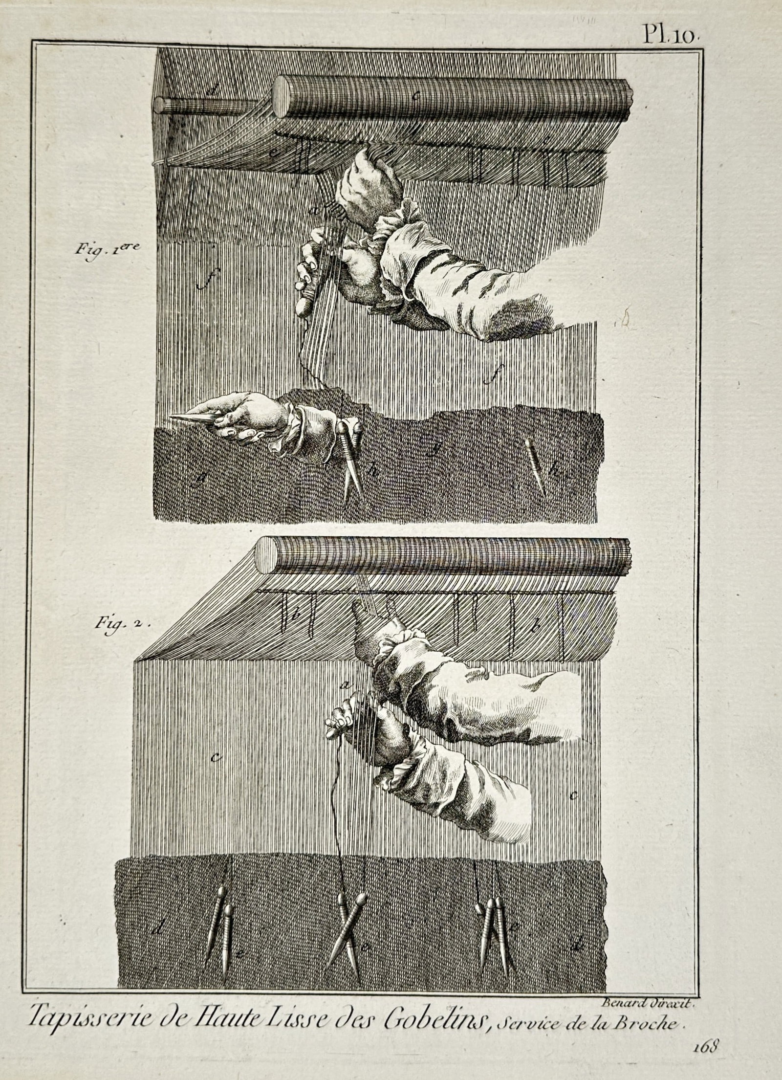 Robert Bénard (1734-1777) – View of Gobelins Tapestry Weaving – Engraving (c. 1771): "Tapisserie de Haute Lisse des Gobelins, Service de la Broche. Pl. 10." illustrates the intricate manual techniques of high-warp (haute-lisse) tapestry weaving at the famed Gobelins Manufactory in Par