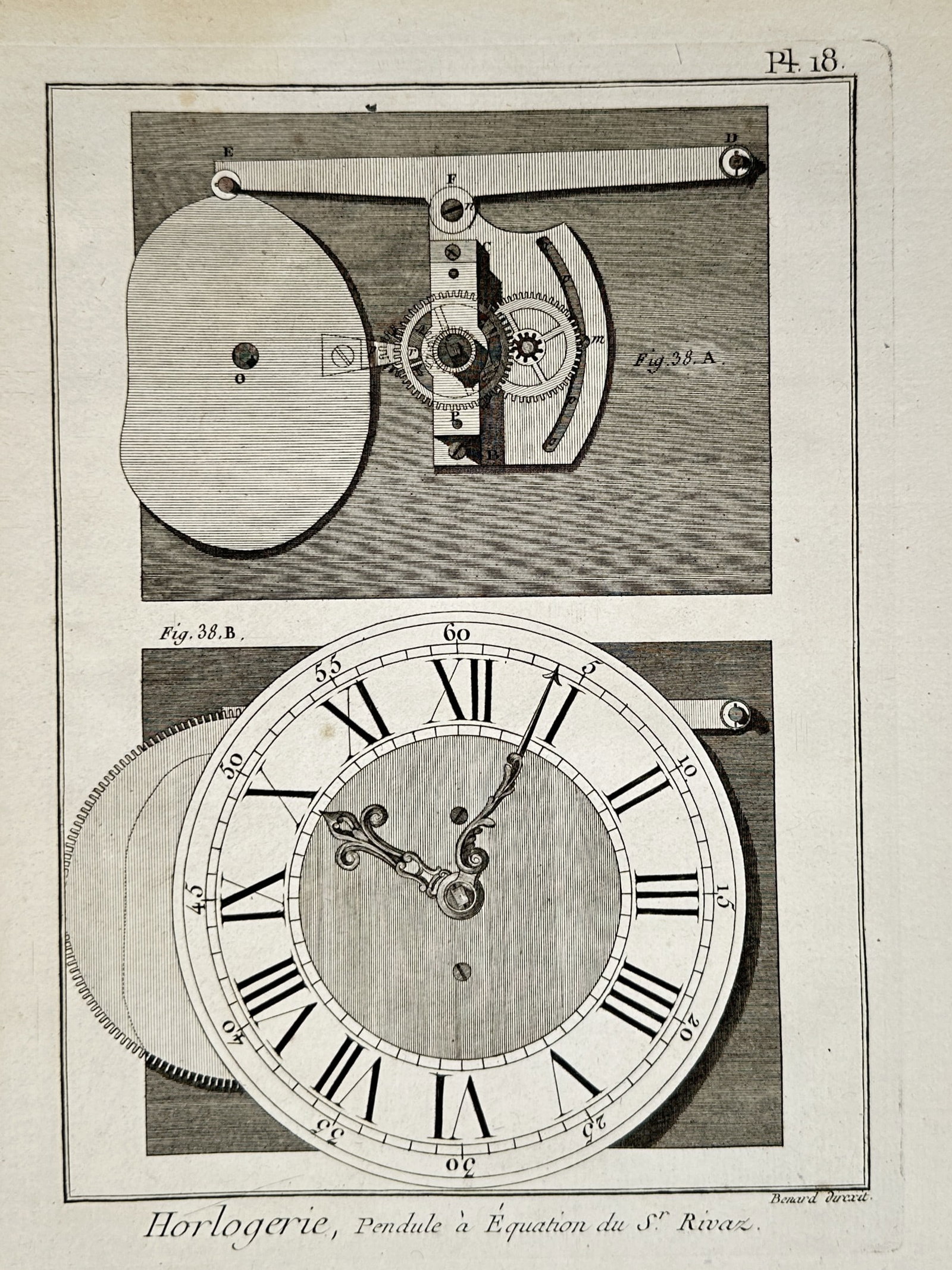 Robert Bénard (1734-1777) – View of an Equation Clock Mechanism – Engraving (c. 1771): "Horlogerie, Pendule à Équation du Sr. Rivaz. Pl. 18." illustrates the sophisticated mechanical internal workings and the external dial of an "equation clock" designed by Pierre de Rivaz. The upper 