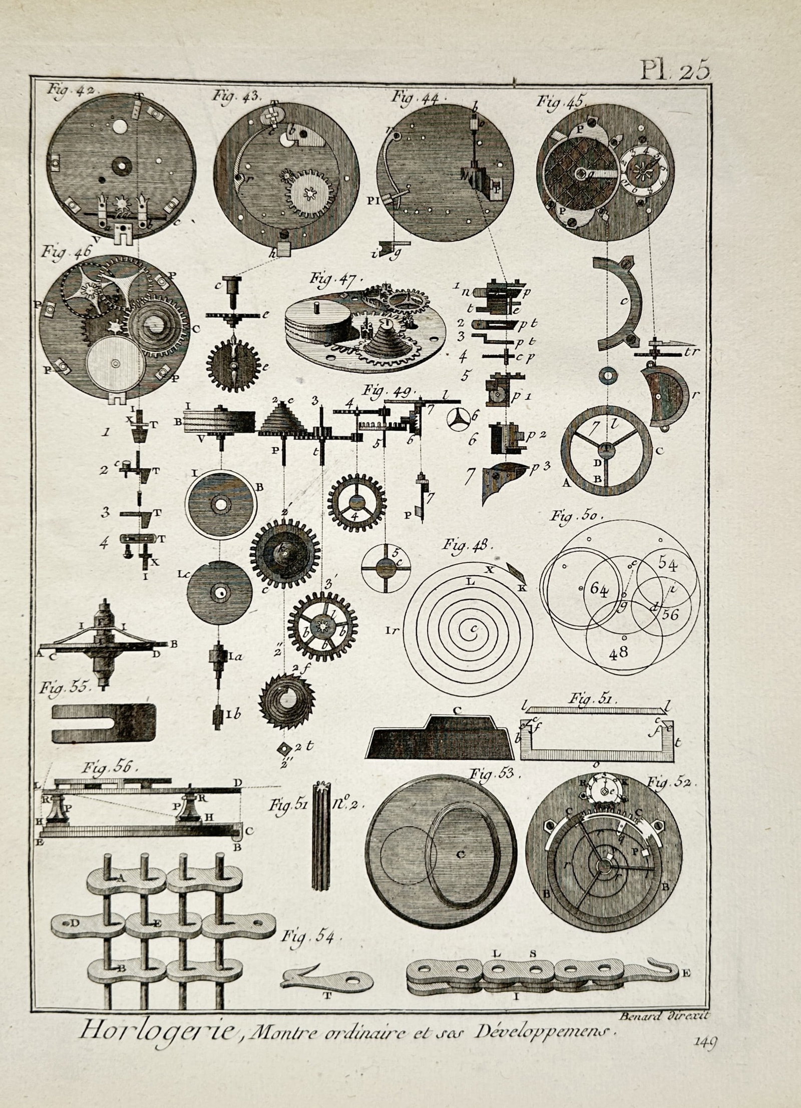 Robert Bénard (1734-1777) – View of a Standard Watch Mechanism and Components – Engraving: "Horlogerie, Montre ordinaire et ses Développemens. Pl. 25." provides an exhaustive technical breakdown of the internal components of a standard pocket watch. The engraving meticulously displays vari