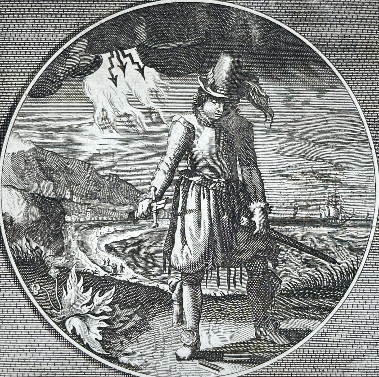 Jacob Cats (1577-1660) – View of a Cavalier with Lightning and a Landscape – Etching (1627): "Sine Vulnere Laedor" illustrates a central circular emblem featuring a cavalier standing in a landscape while lightning strikes in the background. The emblem is surrounded by extensive moralistic tex