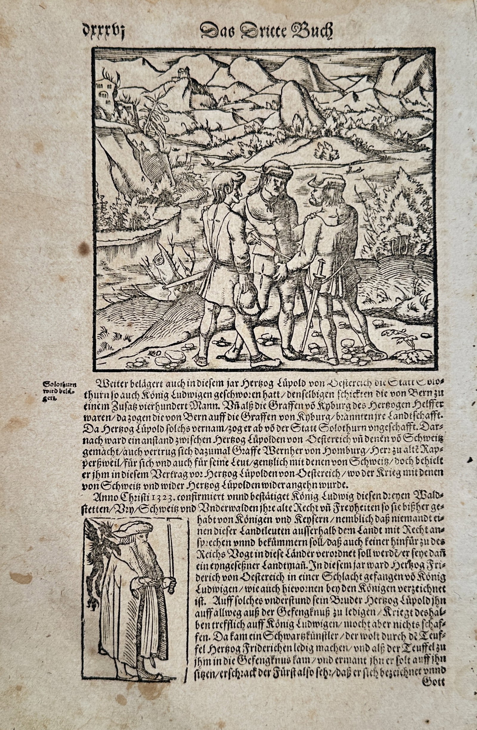 Sebastian Munster (1488-1552) – View of an Alliance and a Sovereign Figure – Woodcut (1550) (1 of 2)