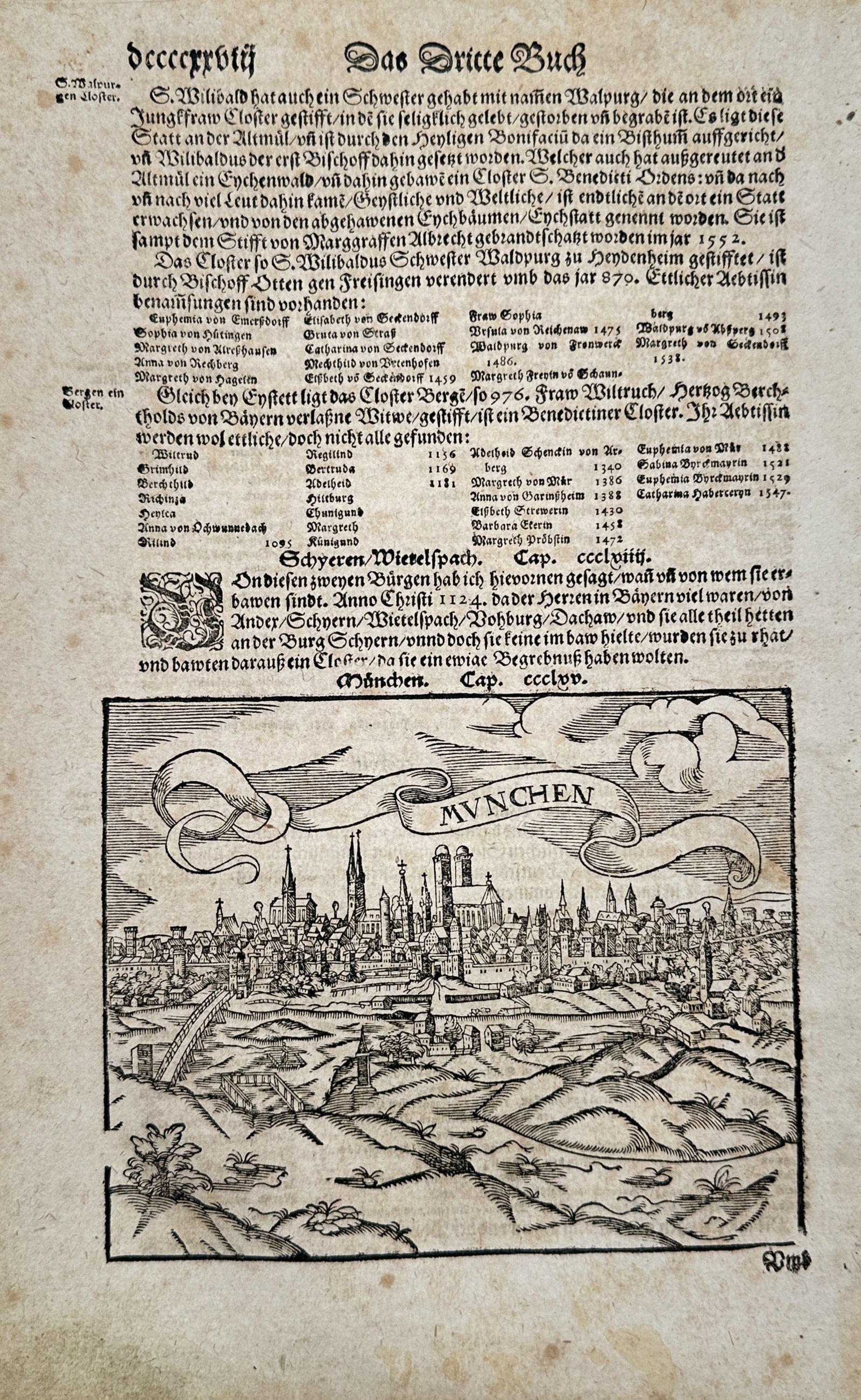 Sebastian Munster (1488-1552) – View of Munich – Woodcut (1550): "Das Dritte Buch" illustrates a panoramic woodcut view of the city of Munich featuring its prominent medieval skyline with the towers of the Frauenkirche and other ecclesiastical structures rising abo