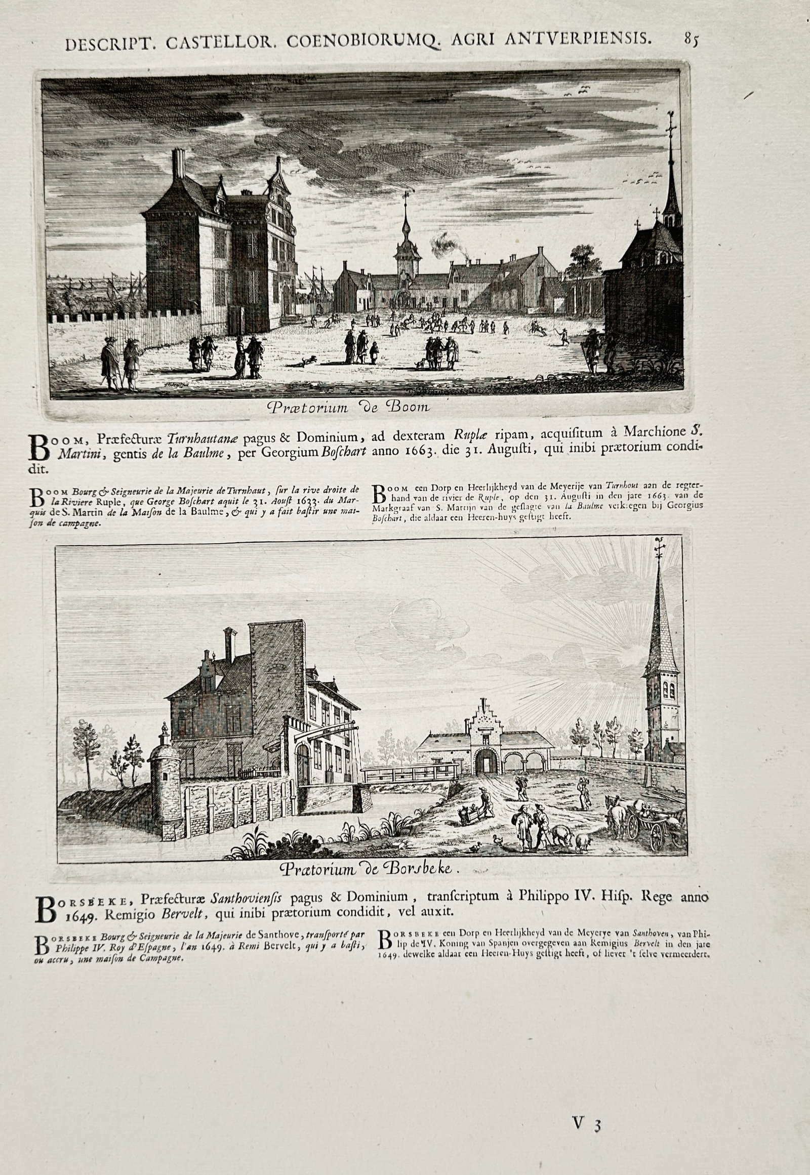 Jacob Le Roy – View of Pratorium de Boom and Pratorium de Borsbeke – Copper engraving (1694): "Descript. Castellor. Coenobiorumq. Agri Antverpiensis" illustrates two distinct views of seigneurial estates in the region of Antwerp. The upper engraving depicts Pratorium de Boom showing a large ma