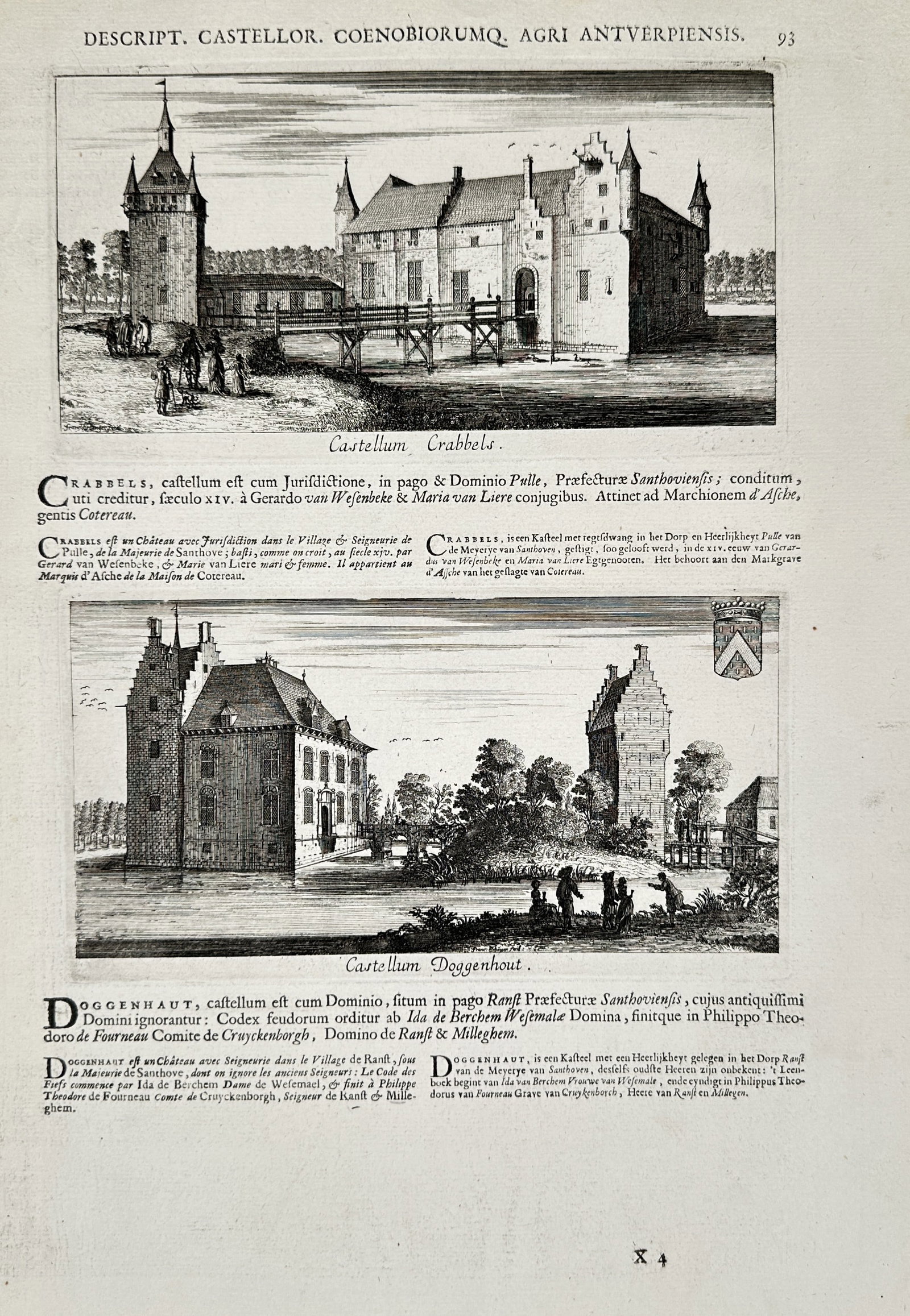 Jacob Le Roy – View of Castellum Crabbels and Castellum Doggenhout – Copper engraving (1694): "Descript. Castellor. Coenobiorumq. Agri Antverpiensis" illustrates two distinct views of fortified manors in the Antwerp region. The upper engraving depicts Castellum Crabbels featuring a multi story