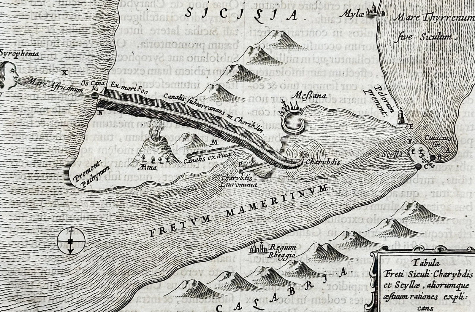 Athanasius Kircher – View of the Strait of Messina with Scylla and Charybdis – Engraving (1665): "Opificium Globi Terreni" illustrates a detailed geographical and mythological map of the Strait of Messina between Sicily and Calabria. The work depicts the whirlpool of Charybdis and the rock of Scy