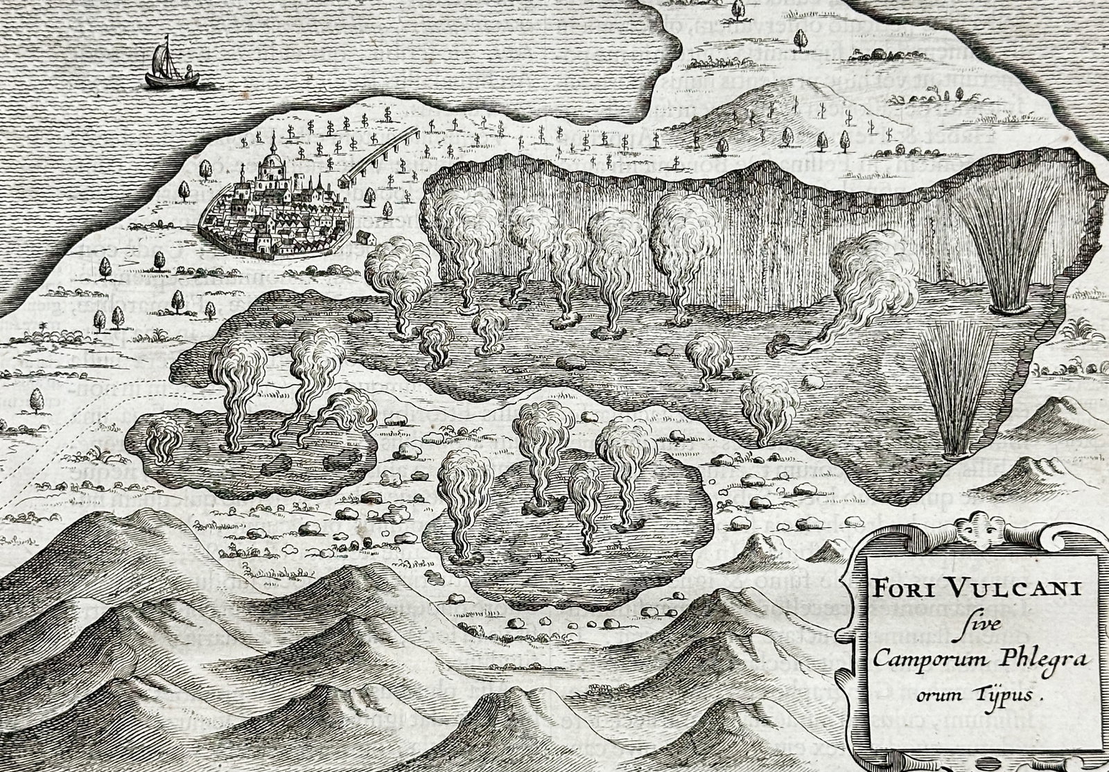 Athanasius Kircher (1602-1680) – View of the Phlegraean Fields and Volcanic Activity – Engraving: "Ignis Subterraneus" illustrates a topographical view of the Phlegraean Fields near Naples titled Fori Vulcani sive Camporum Phlegraeorum Typus. The engraving depicts a landscape characterized by acti