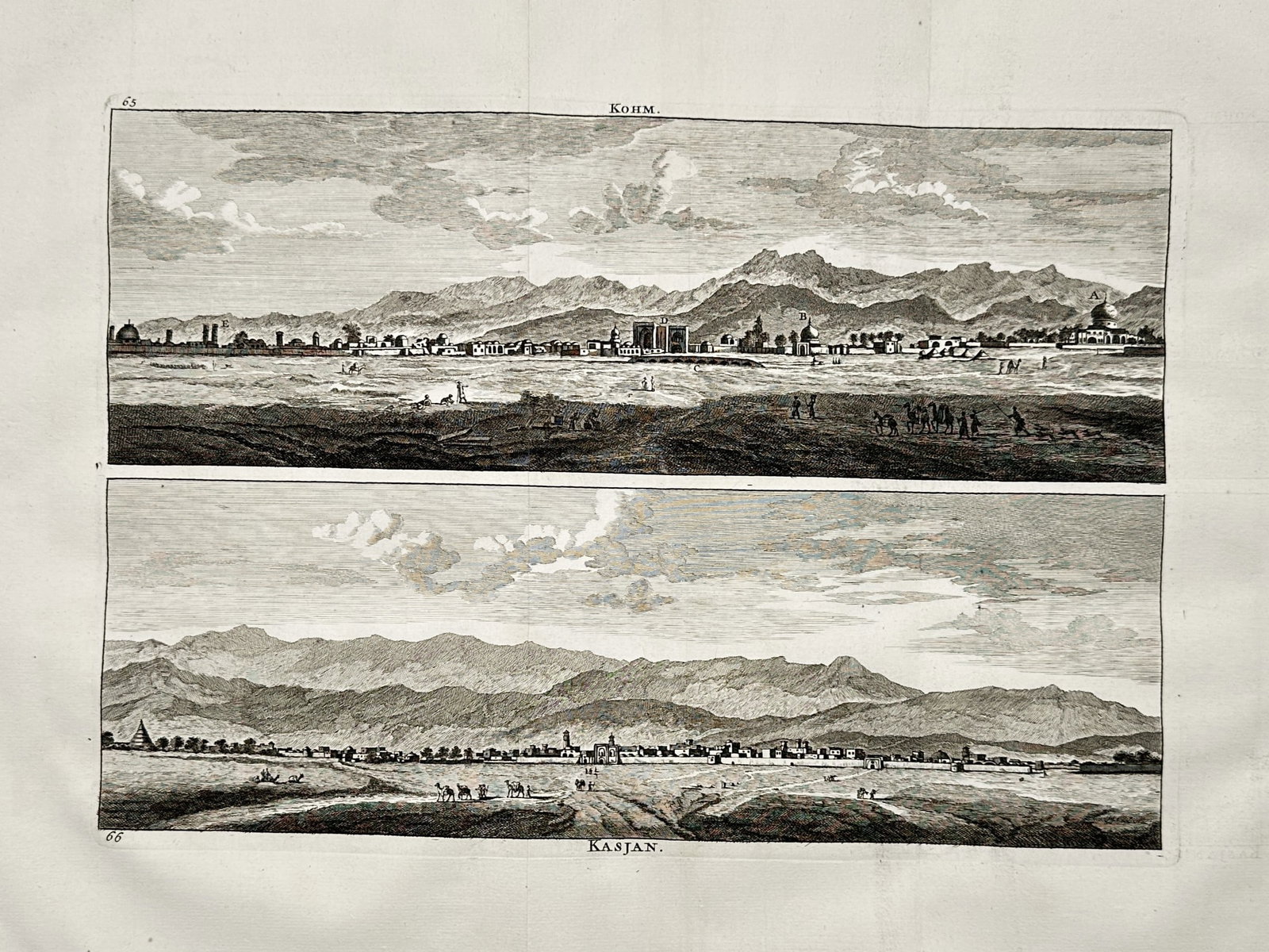 Cornelis de Bruijn (1652-1727) – View of Komm and Kasjan – Copper engraving (1711): "Komm" and "Kasjan" illustrates two panoramic views of Persian cities (modern-day Qom and Kashan) set against the dramatic backdrop of the central Iranian mountain ranges. The upper engraving depicts 