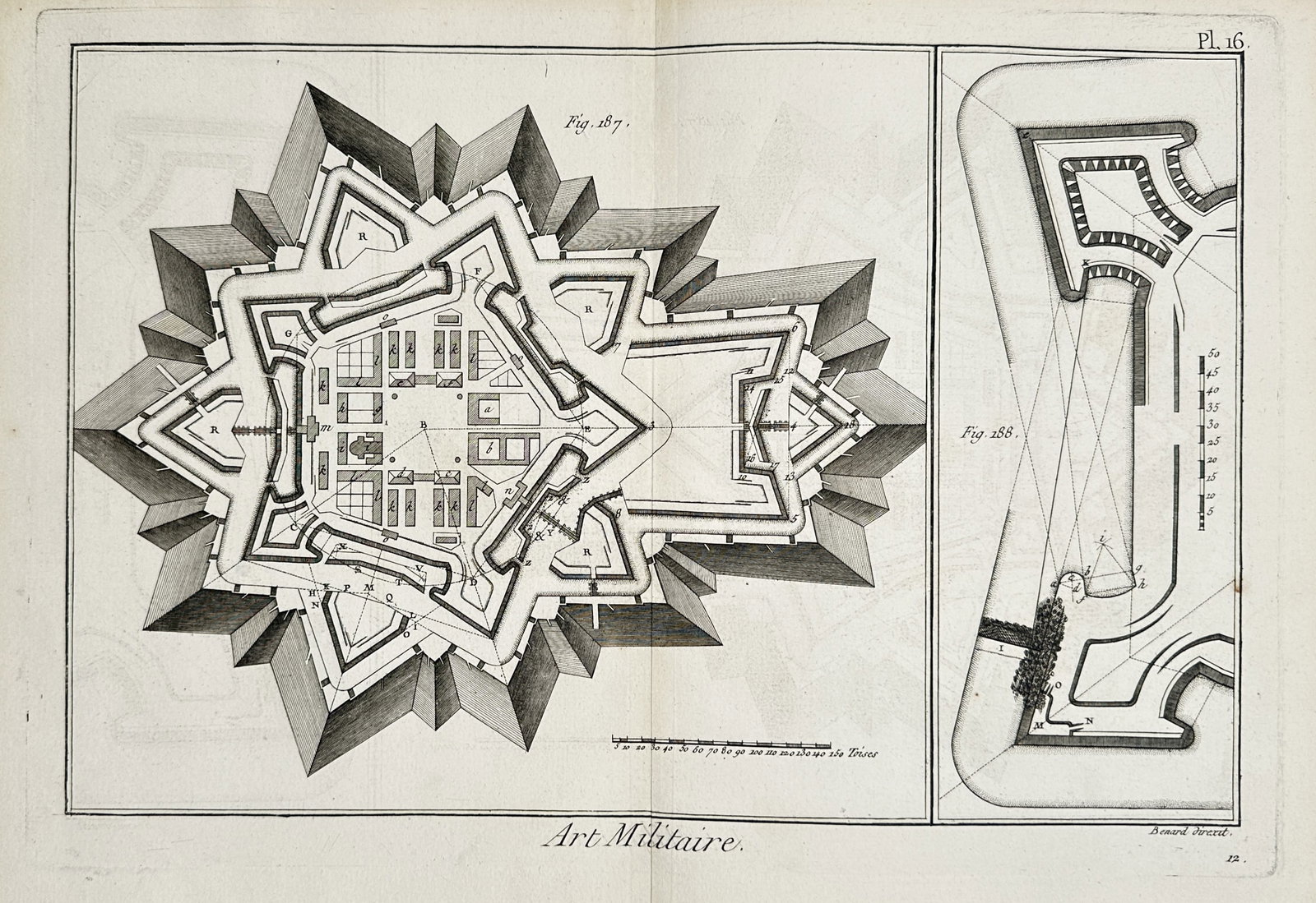 Robert Benard (1734–1777) – View of a Fortified City Plan – Copper engraving (1762): Art Militaire illustrates a complex geometric plan of a star fort and its internal city layout. The work demonstrates the strategic arrangement of bastions and defensive walls used in 18th century mil