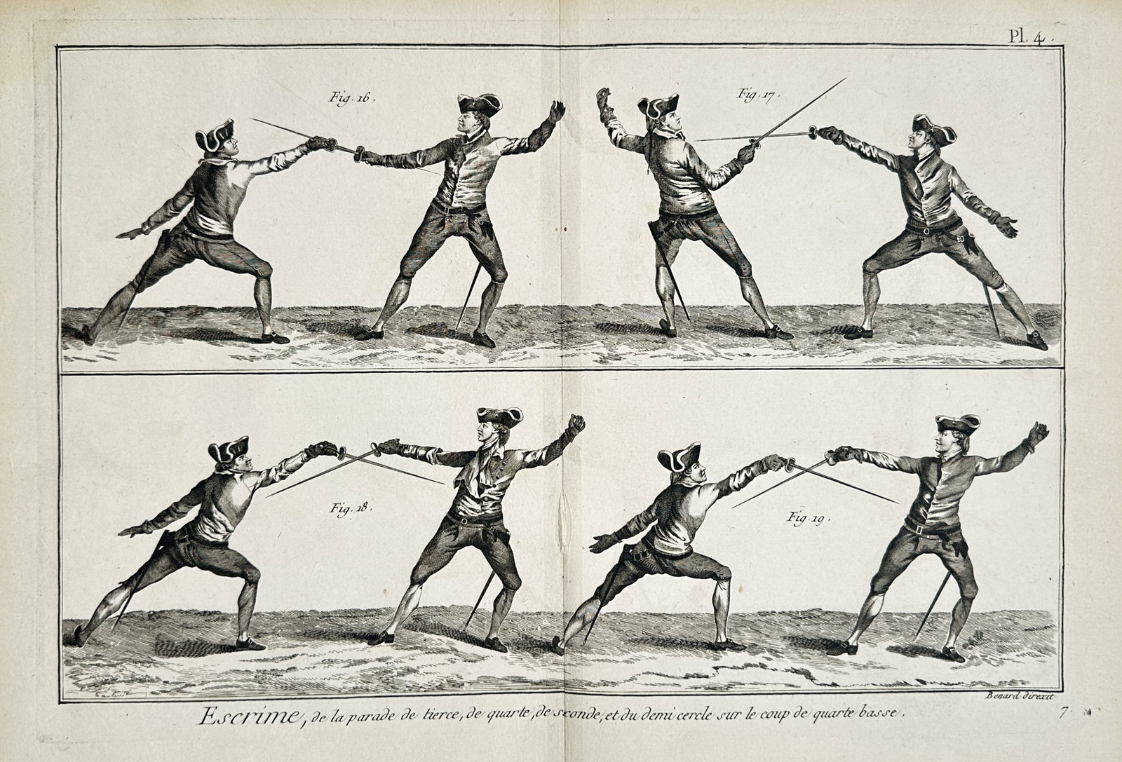 Robert Benard (1734–1777) – View of Fencing Positions and Parries – Copper engraving (1762): Escrime de la parade de tierce de quarte de seconde et du demi cercle sur le coup de quarte basse illustrates four pairs of fencers demonstrating various classical parries and thrusts. The work captur