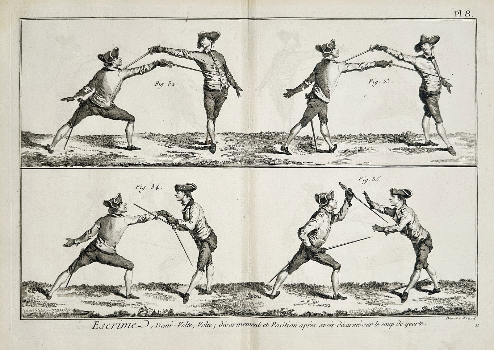 Robert Benard (1734–1777) – View of Fencing Maneuvers and Disarmament – Copper engraving: Escrime Demi-Volte Volte desarmement et Position apres avoir desarme sur le coup de quarte illustrates several stages of advanced fencing techniques including the half-turn, full turn, and the process