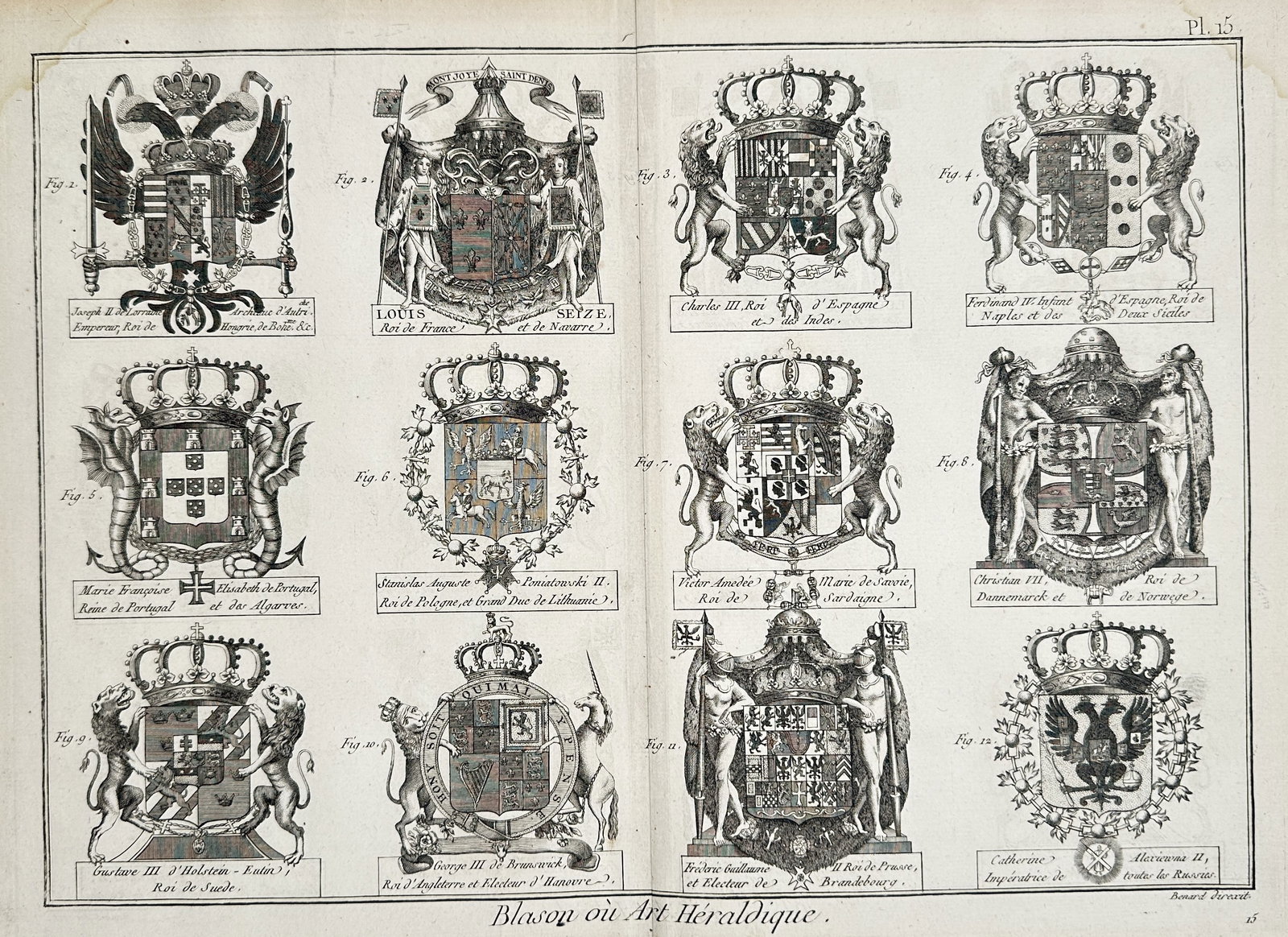 Robert Benard (1734–1777) – View of Royal Coats of Arms – Copper engraving (1762): Blason ou Art Heraldique illustrates twelve magnificent coats of arms belonging to the principal European monarchs of the 18th century. The work displays the complex heraldic achievements of sovereign
