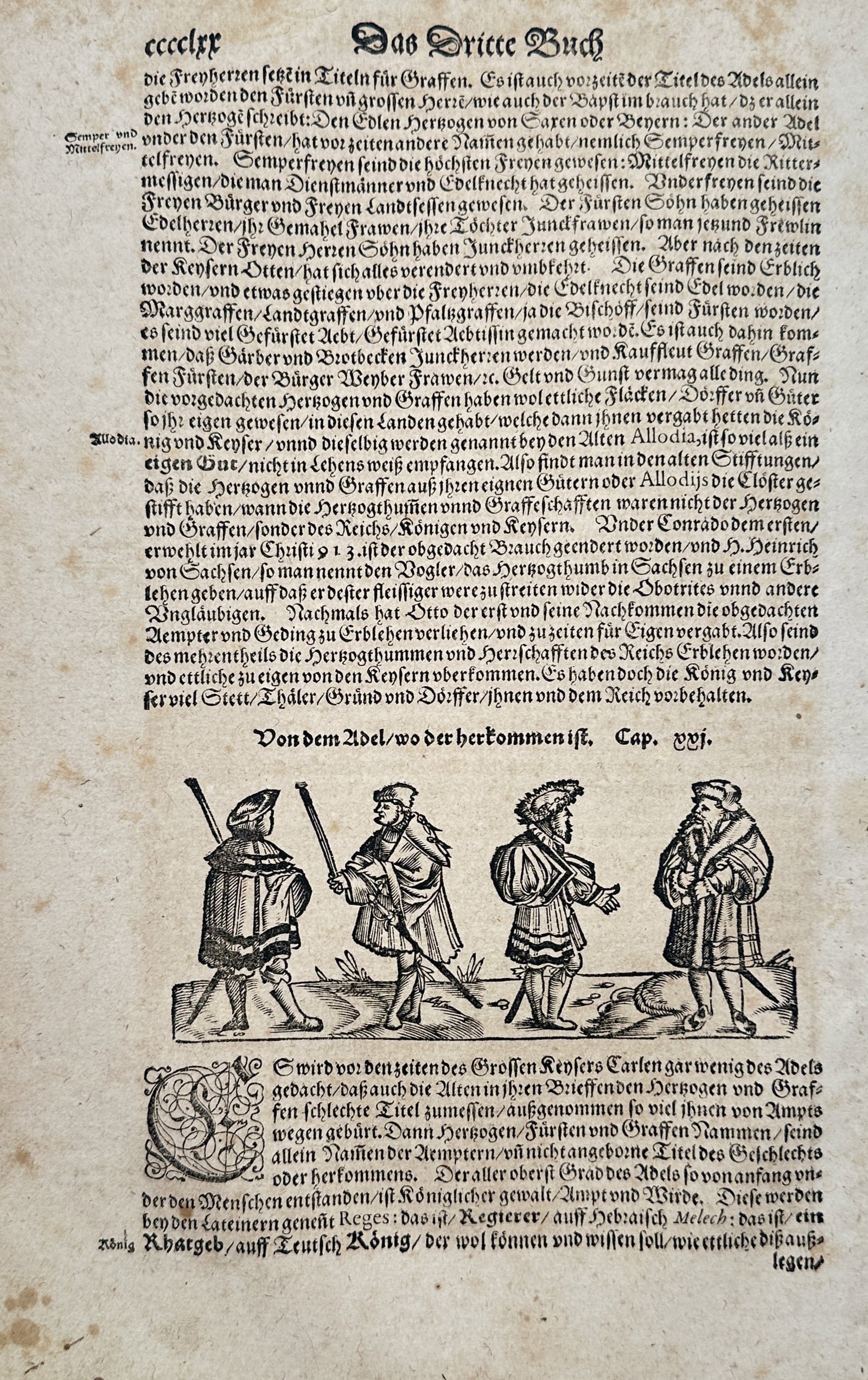 Sebastian Munster (1488-1552) – View of Social Ranks and Nobility – Woodcut (1550): Das Dritte Buch illustrates four figures representing different social classes and noble ranks during the Renaissance period. The work depicts men in various costumes from a soldier with a polearm and