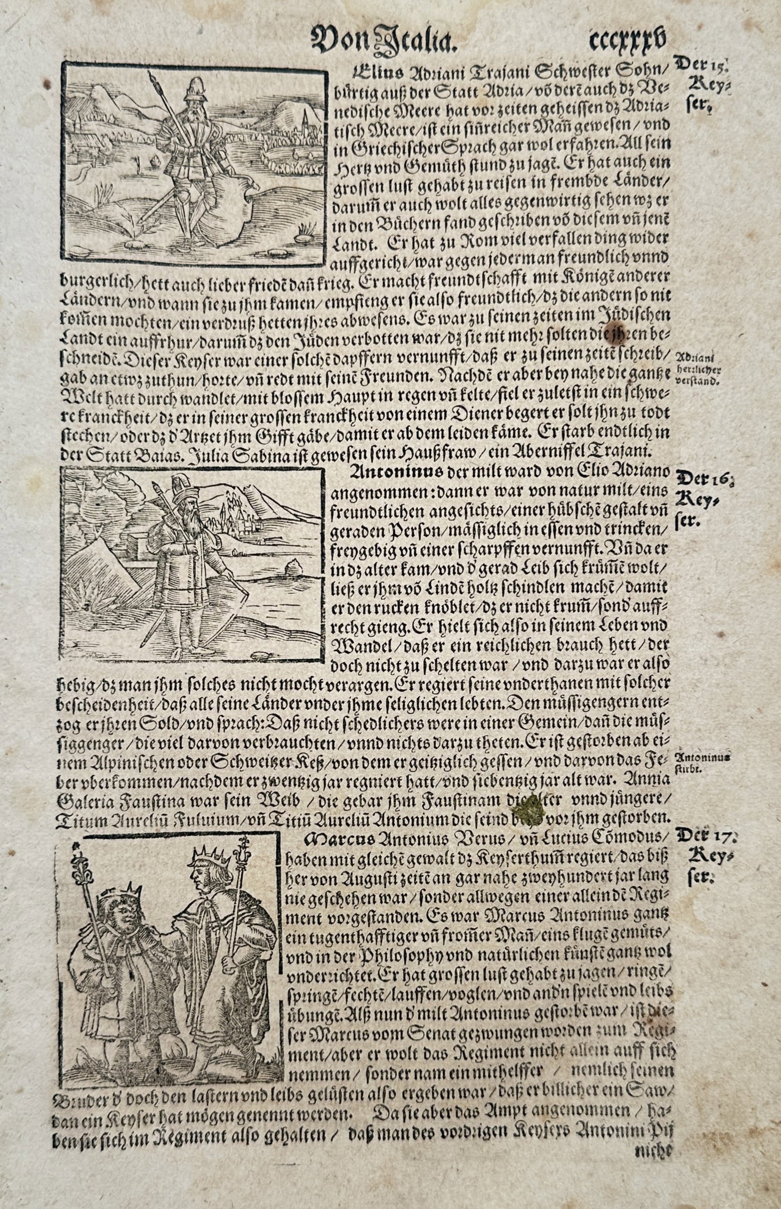 Sebastian Munster (1488-1552) – View of Roman Emperors Hadrian, Antoninus Pius, and Marcus: Von Italia illustrates three prominent Roman emperors through individual woodcut portraits integrated within German black letter text. The upper woodcut depicts Hadrian in military attire holding a po