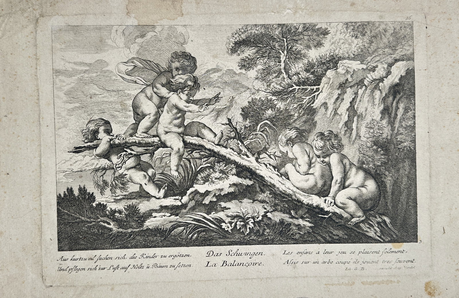 Johann Georg Bergmüller (1688–1762) – View of Children on a See-saw (The Swing) – Etching (1 of 2)