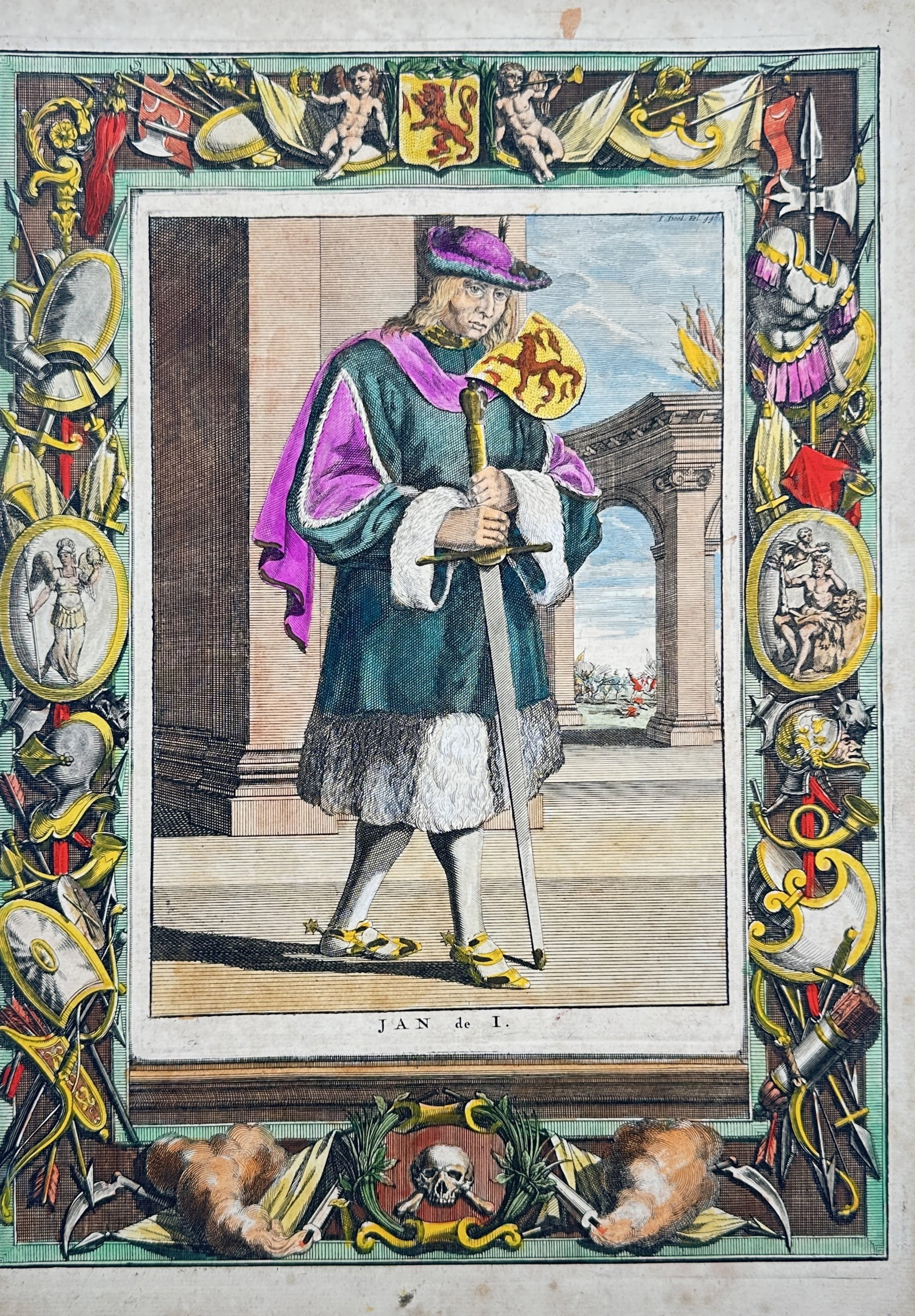 Jan Meyssens – View of John I, Duke of Brabant (Jan de I) – Hand-coloured copper engraving: Jan de I illustrates the historical figure of John I, Duke of Brabant, standing prominently in an architectural setting. The Duke is depicted in regal attire, leaning upon a long broadsword with a her
