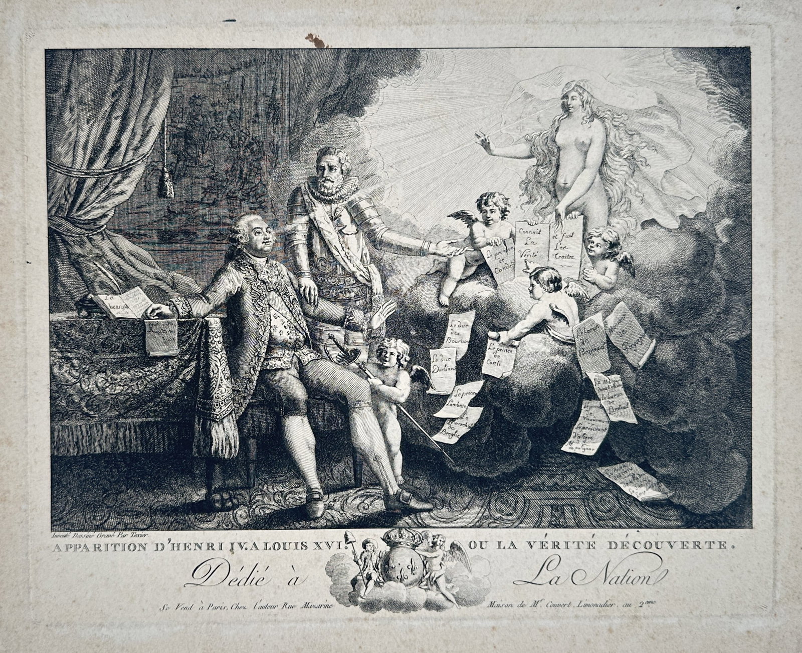 Glon-Gabriel-Guillaume Texier – View of the Apparition of Henri IV to Louis XVI – Etching: Apparition d'Henri IV à Louis XVI ou la Vérité Découverte illustrates a powerful allegorical scene where the ghost of King Henri IV appears to his descendant, Louis XVI. Henri IV, clad in traditio
