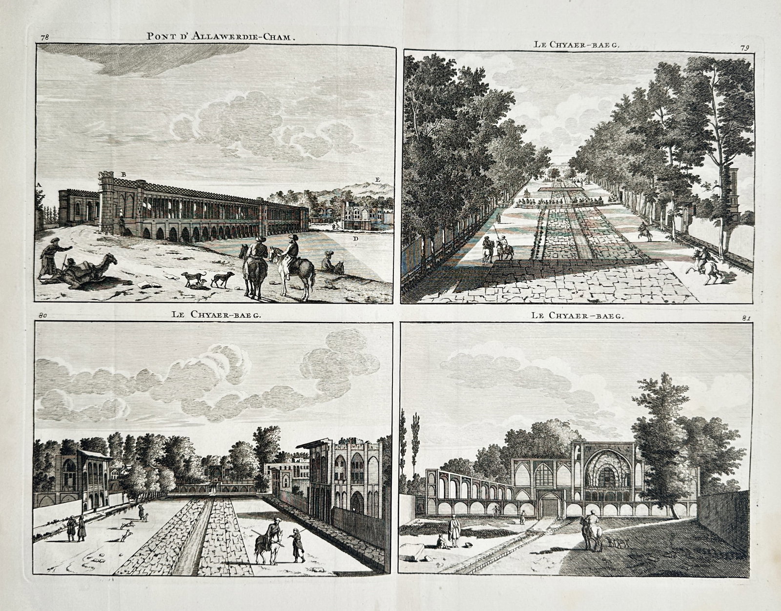 Cornelis de Bruijn – View of the Si-o-se-pol Bridge and Chahar Bagh Avenue in Isfahan: This large-scale plate features four distinct topographical views of Safavid Isfahan, once the magnificent capital of the Persian Empire. The upper-left panel, Pont d'Allawerdie-Cham, illustrates the 