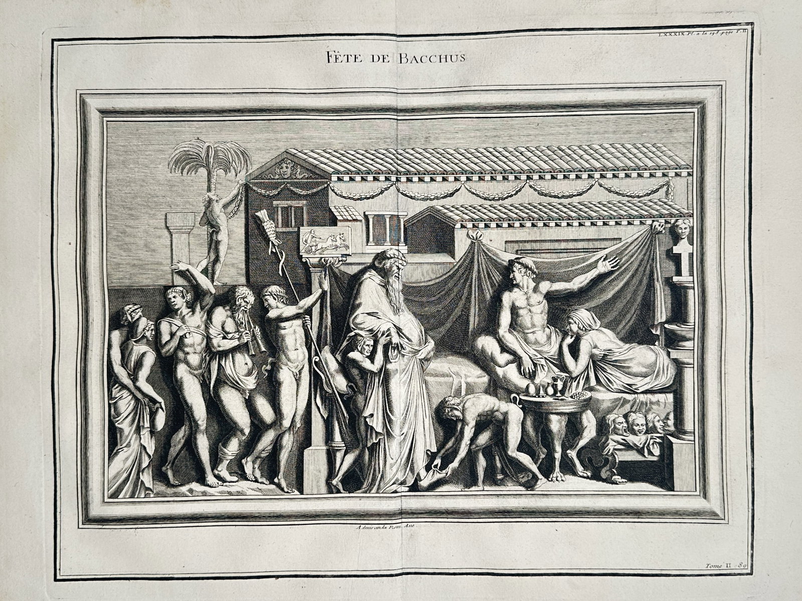 Bernard de Montfaucon – View of a Festival of Bacchus (Fête de Bacchus) – Copper engraving: Fête de Bacchus illustrates a lively Greco-Roman bas-relief depicting a celebratory ritual in honor of Bacchus (Dionysus). The composition features a procession of satyrs, musicians playing double fl