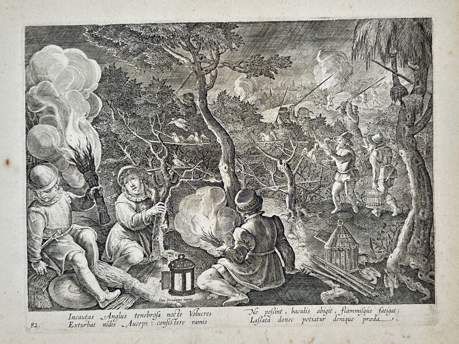 Jan van der Straet – View of Catching Birds by Night with Fire and Sticks – Copper engraving (1 of 2)
