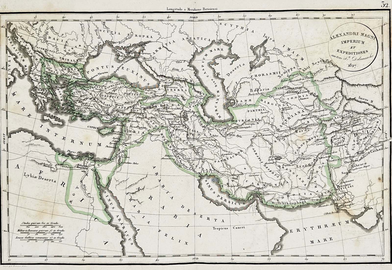 Félix Delamarche – Map of the Empire and Expeditions of Alexander the Great: Alexandri Magni Imperium et Expeditiones illustrates the vast territories conquered by Alexander the Great, stretching from Greece and Egypt in the west to the Indus River in the east. The map meticul