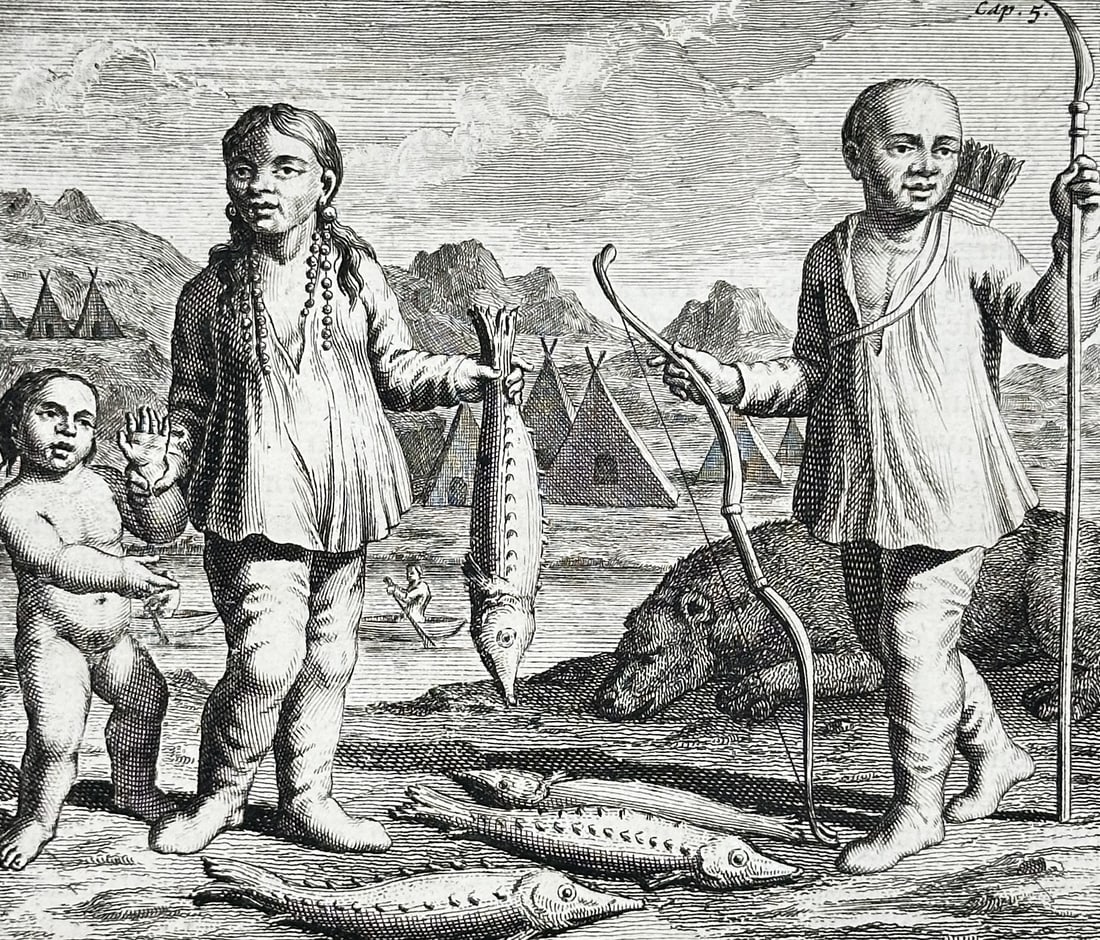 Cornelis de Bruijn – View of Ostiak People and Fishing on the Ob River – Copper engraving (1718): This engraving illustrates a family of Ostiaks (Khanty people) in Siberia, standing along the banks of the Ob River. The central figure holds a large fish, while another man holds a bow, with their ca