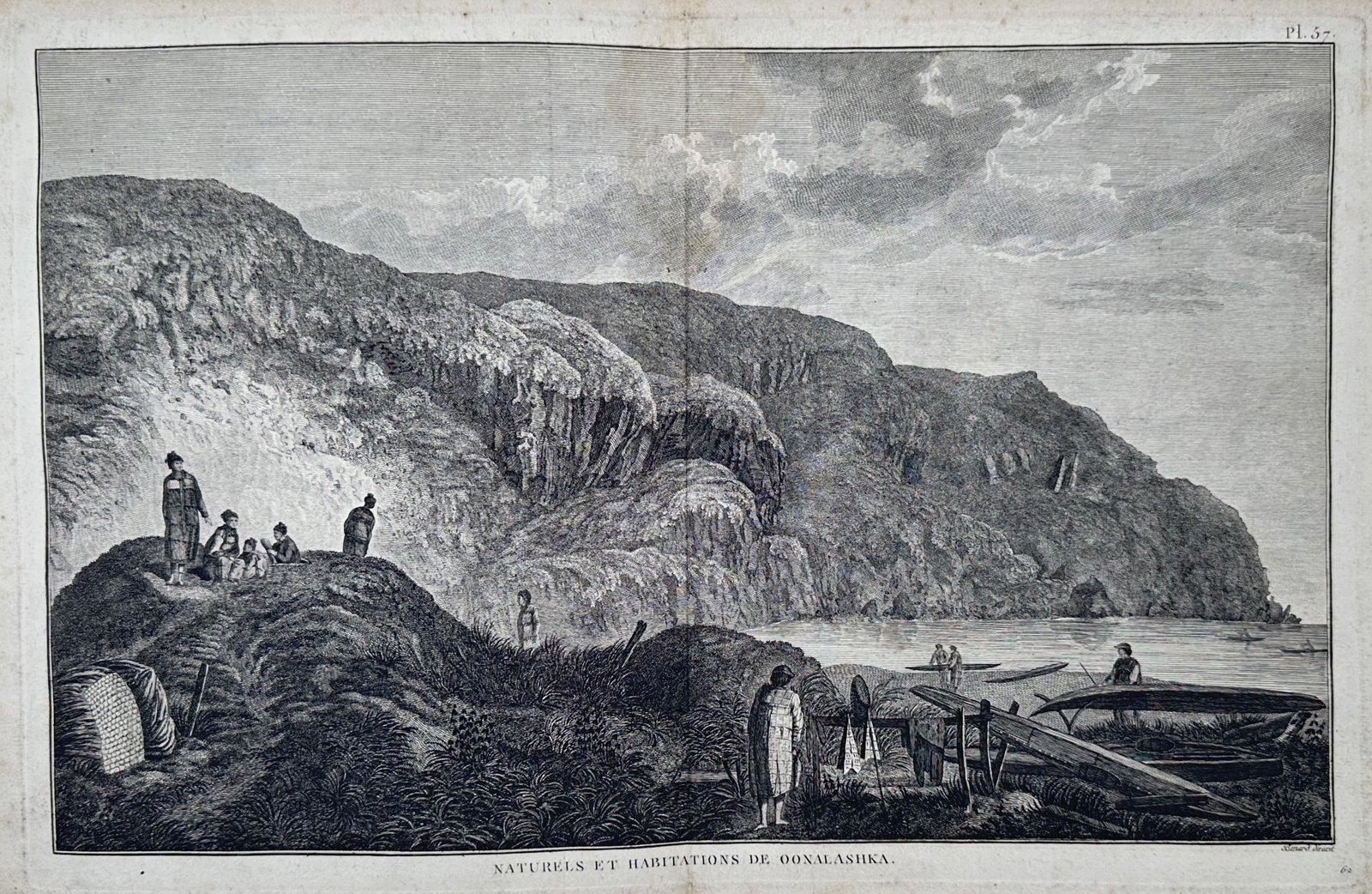 John Webber – View of the Natives and Habitations of Unalaska – Copper engraving (c. 1785): Naturels et Habitations de Oonalashka (Pl. 57) illustrates a coastal scene on Unalaska Island in the Aleutian chain, depicting the indigenous Unangan (Aleut) people outside their semi-subterranean dwe