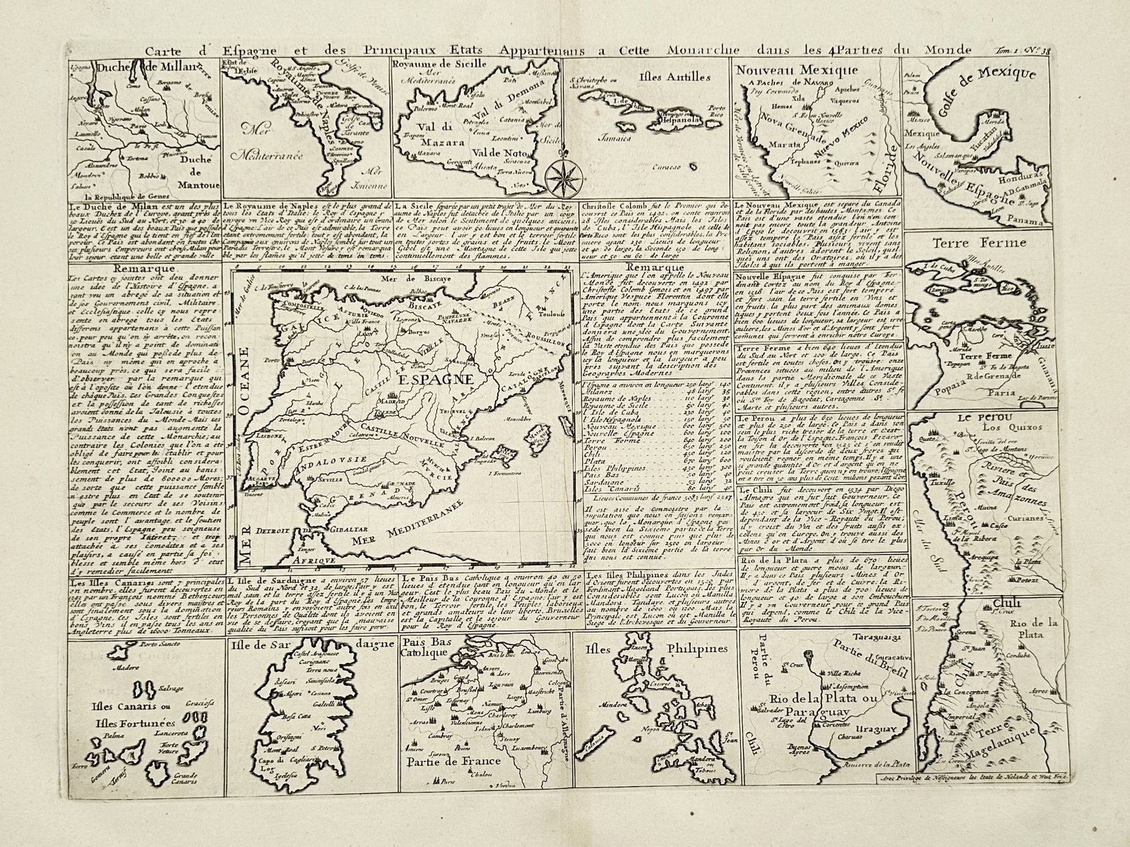 Henri Abraham Chatelain – Map of Spain and its Principal Overseas Territories – Copper engraving: "Carte d'Espagne et des Principaux Etats Appartenants a cette Monarchie dans les 4 Parties du Monde" illustrates the vast reach of the Spanish Empire at the beginning of the 18th century. The central 