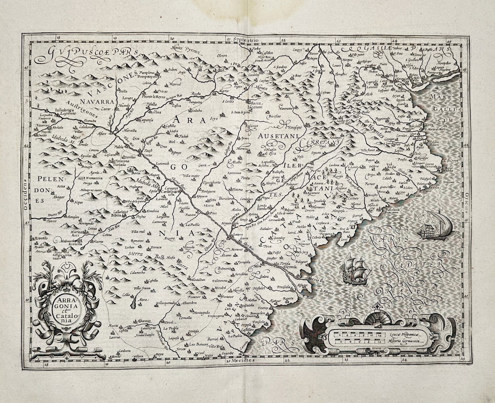 Jodocus Hondius – Map of Aragon and Catalonia – Spain – Copper engraving (1606–1630): "Aragonia et Catalonia" illustrates the northeastern region of the Iberian Peninsula, detailing the kingdoms of Aragon and Catalonia along with parts of Navarre and southern France. The map features r