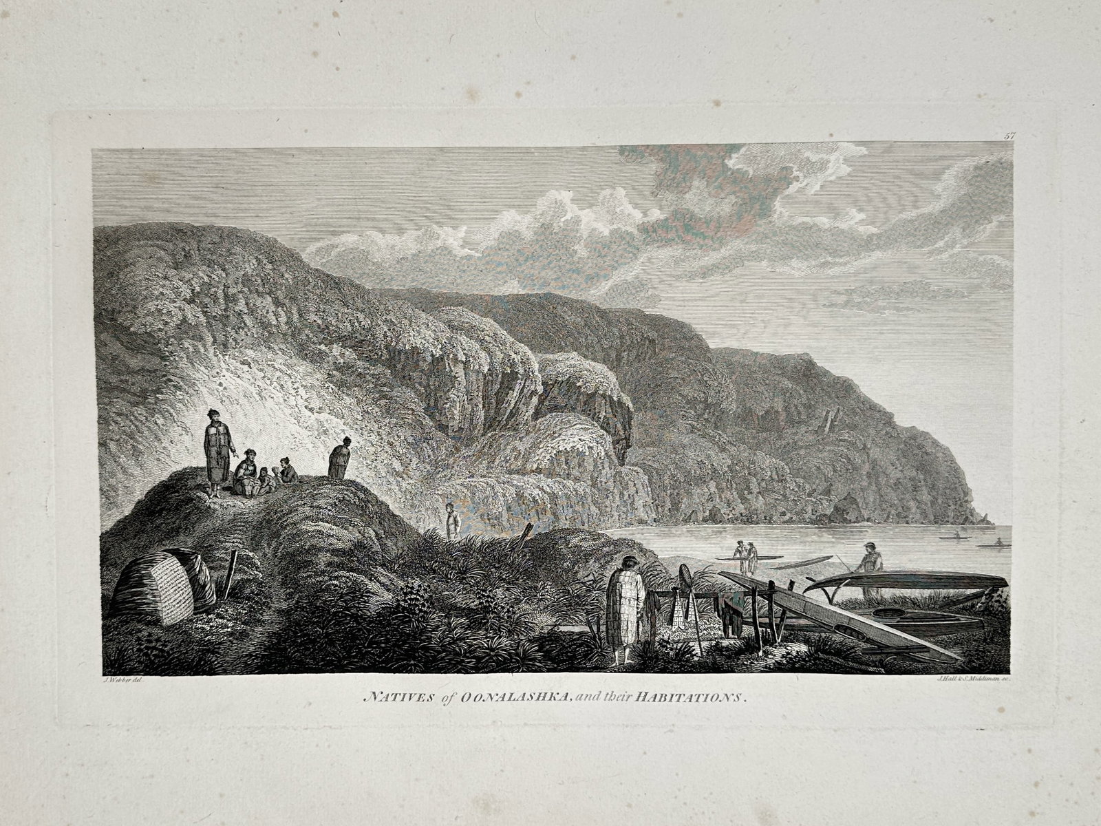 John Webber (1751–1793) – View of the Natives of Oonalashka and their Habitations: "Natives of Oonalashka, and their Habitations" illustrates a coastal settlement on Unalaska Island in the Aleutian chain, showing several individuals gathered near a large earthen mound that serves as