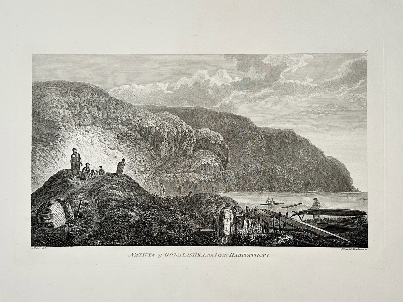 John Webber – View of the Natives of Oonalashka and their Habitations – Copper engraving: "Natives of Oonalashka, and their Habitations" illustrates a coastal settlement on Unalaska Island in the Aleutian chain, showing several individuals gathered near a large earthen mound that serves as