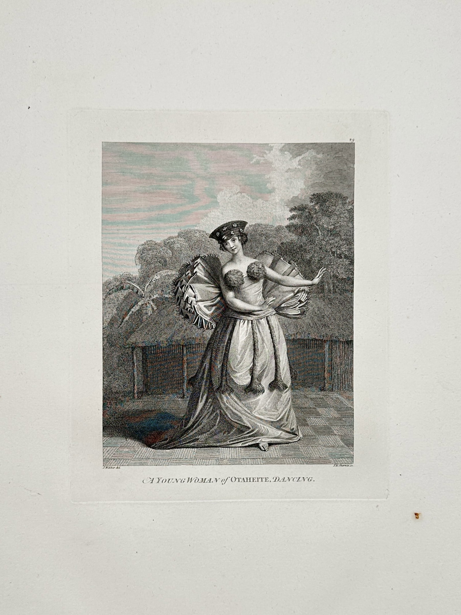 John Webber – View of a Young Woman of Otaheite, Dancing – Hand-coloured copper engraving: "A Young Woman of Otaheite, Dancing" illustrates a Tahitian woman performing a traditional dance, dressed in elaborate ceremonial attire including a feathered headpiece and a voluminous skirt. The dan