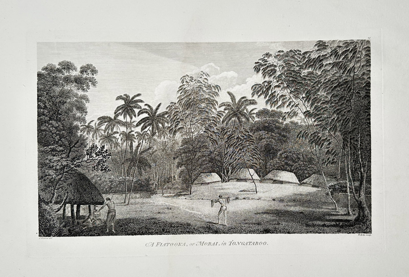 John Webber – View of a Fiatooka, or Morai, in Tongataboo – Copper engraving (1784–1785): "A Fiatooka, or Morai, in Tongataboo" illustrates a sacred burial ground or ceremonial site on the island of Tongatapu, featuring multiple thatched structures situated within a lush clearing. The scen