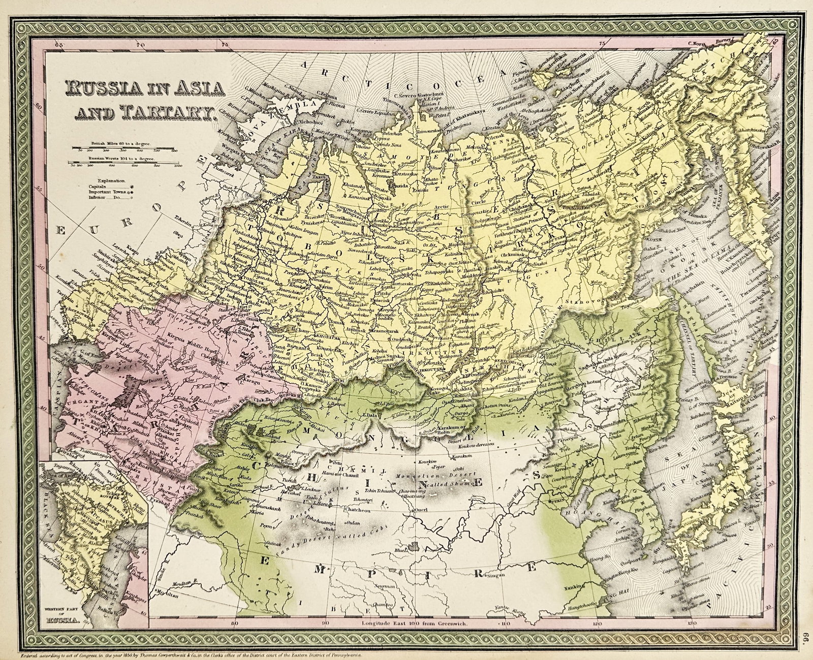 Thomas Cowperthwait – Map of Russia in Asia and Tartary – Russia and Central Asia: "Russia in Asia and Tartary" illustrates the vast expanse of the Russian Empire across Siberia to the Pacific Ocean, along with Independent Tartary, Mongolia, and the Chinese Empire. The map details m