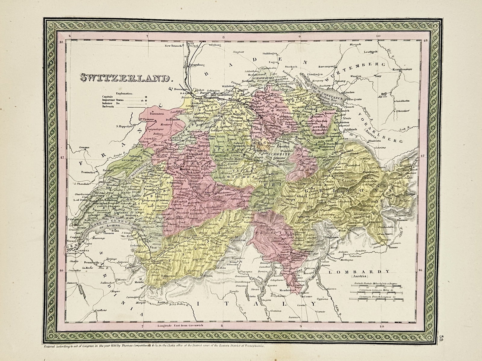 Thomas Cowperthwait – Map of Switzerland – Hand-coloured steel engraving (1850): "Switzerland" illustrates the Swiss Confederation during the mid-19th century, featuring the country's intricate alpine topography and canton divisions. The map uses delicate hachuring to represent th