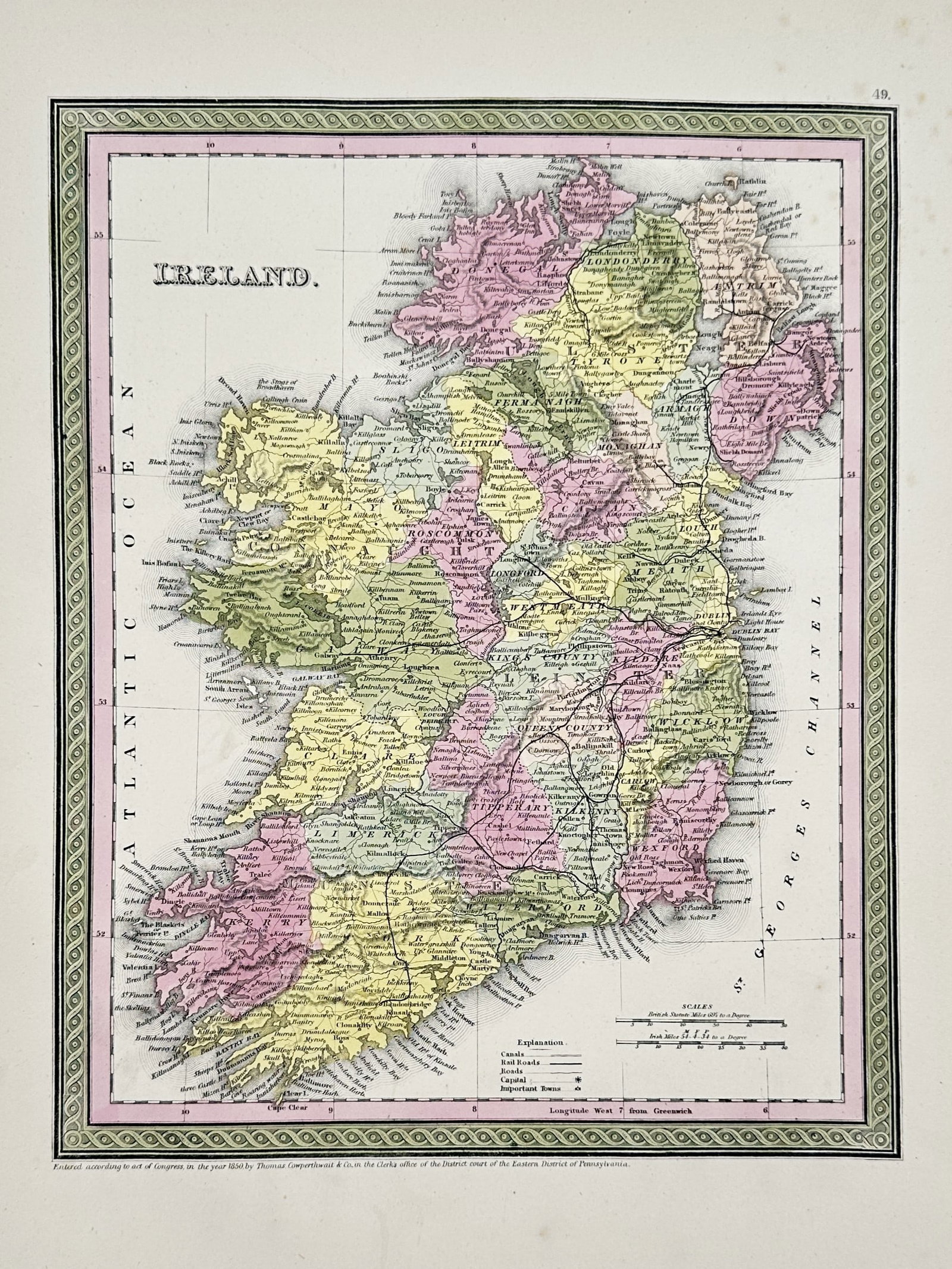 Thomas Cowperthwait (Active 1840–1855) – Map of Ireland – Hand-coloured steel engraving (1850) (1 of 2)