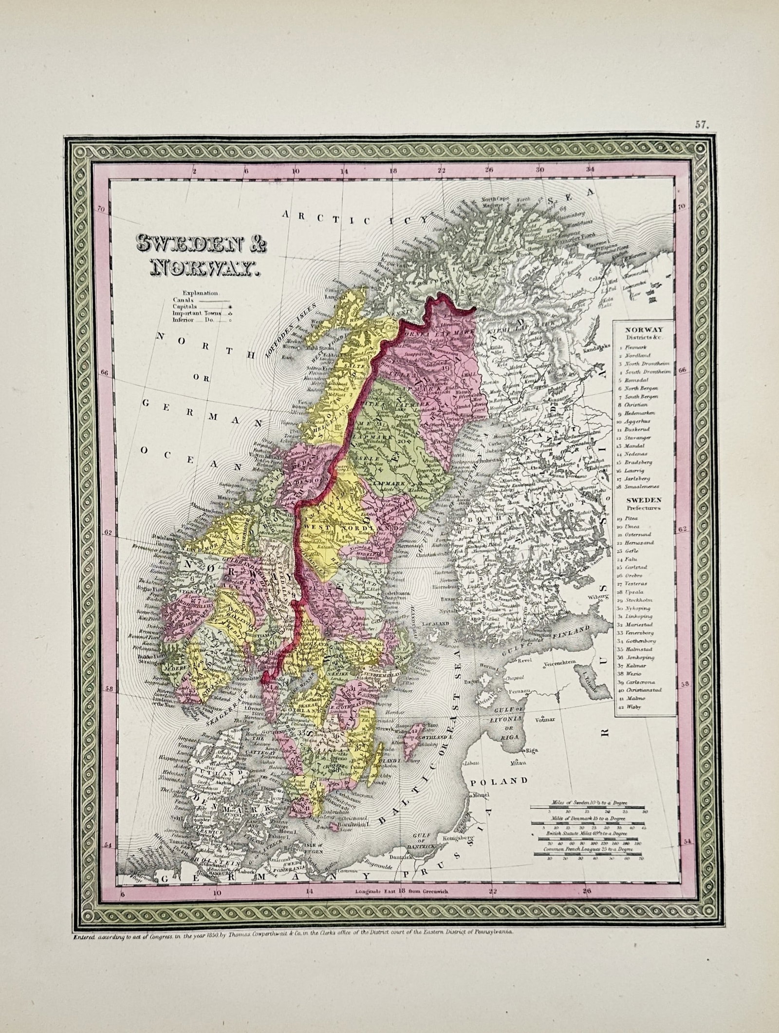 Thomas Cowperthwait – Map of Sweden and Norway – Hand-coloured steel engraving (1850) (1 of 2)