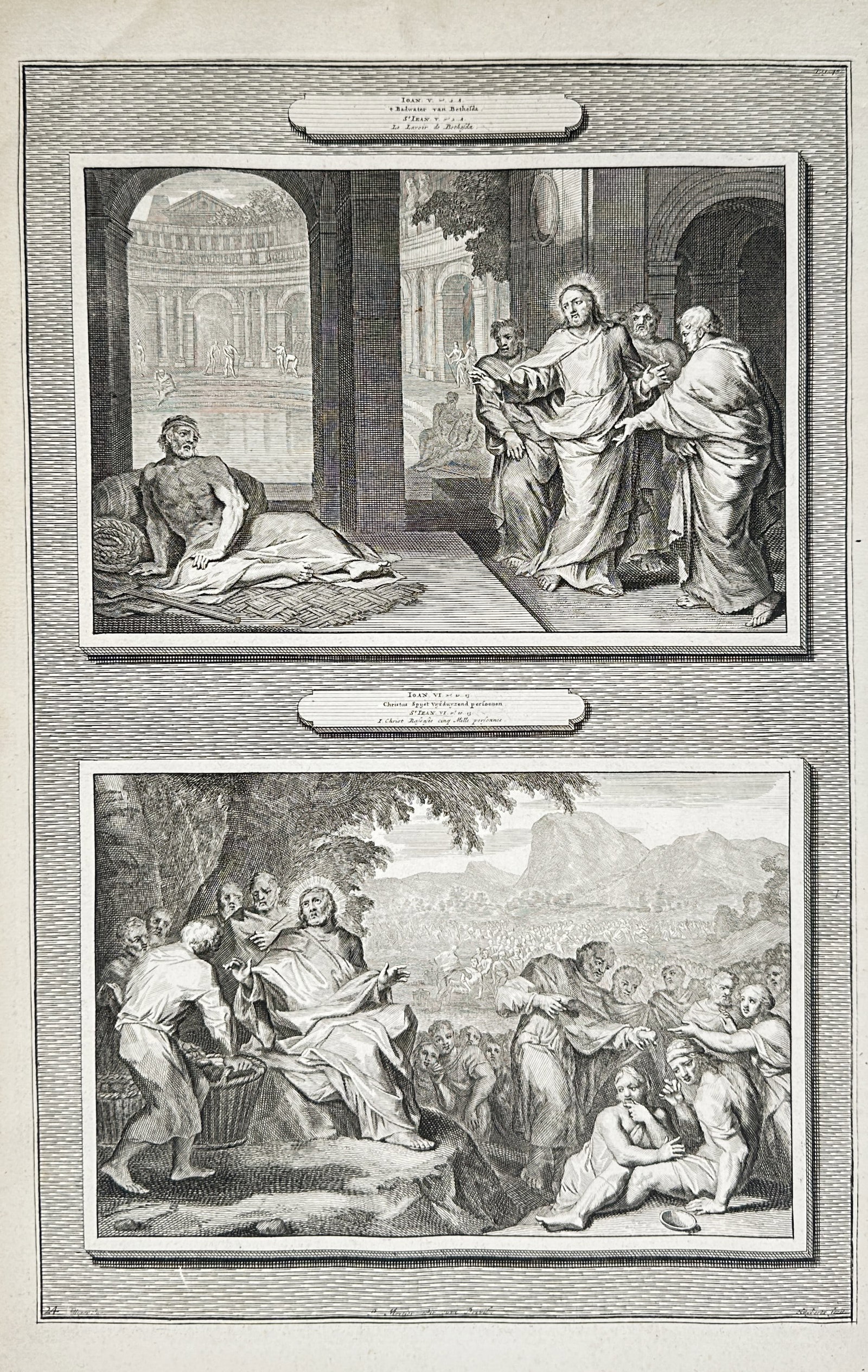 Pieter Mortier (1661–1711) – Scenes from the Life of Christ – Engraving (1700): This engraving features two distinct biblical scenes illustrating the life and miracles of Jesus Christ, set within architectural and landscape frames. The work is sourced from a prominent Dutch illus