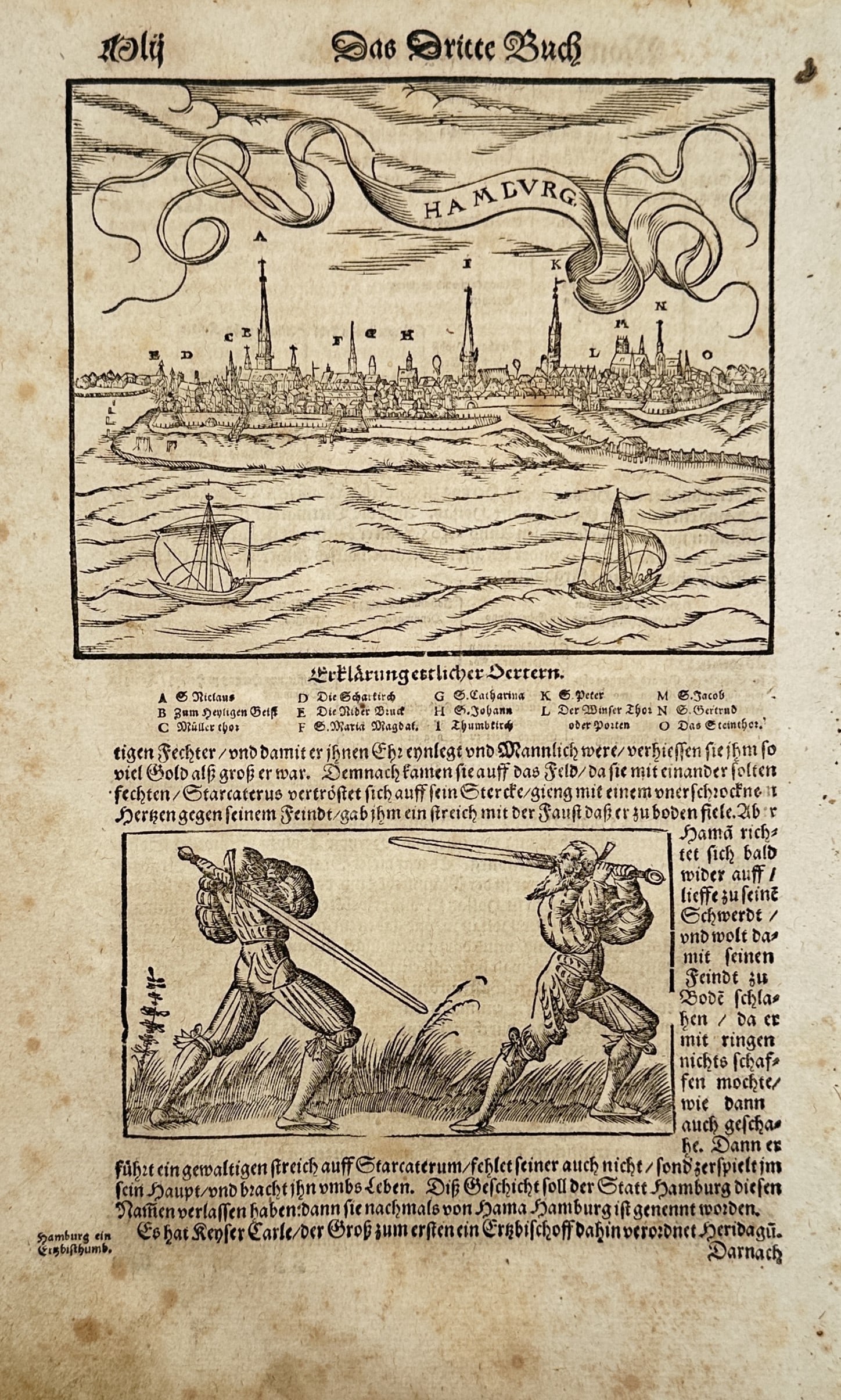 Sebastian Münster (1488–1552) – View of Hamburg with Two Duelists – Woodcut (1550): "HAMBURG." This leaf features a topographical woodcut view of the city of Hamburg from the Elbe, complete with a ribbon banner and a detailed key identifying various landmarks. Below the city view, a 
