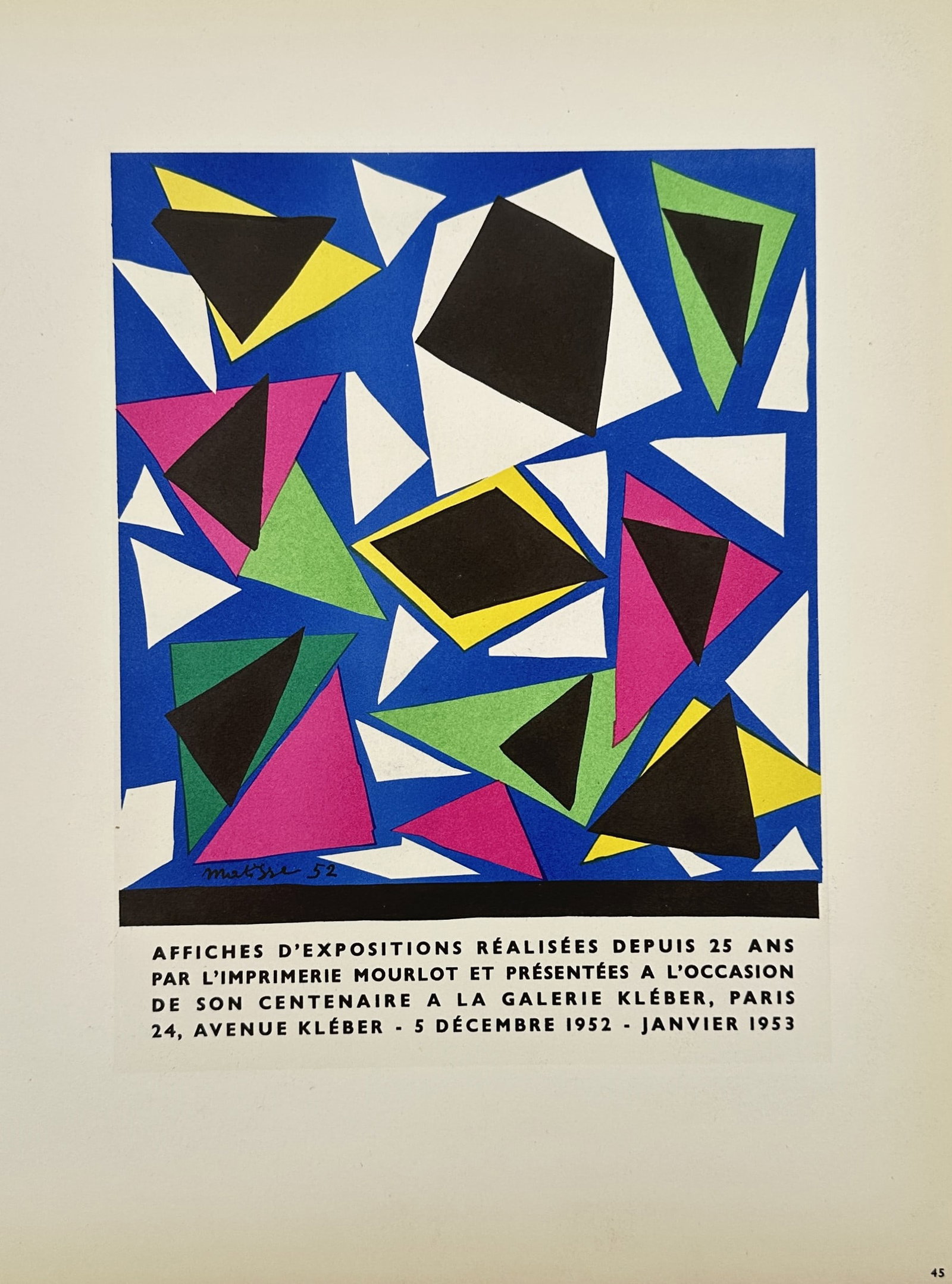 Henri Matisse (1869–1954), after – Centenary of Imprimerie Mourlot – Offset print (20th: "Affiches d'Expositions réalisées depuis 25 ans par l'Imprimerie Mourlot." This offset print features a vibrant geometric composition in the gouache découpée style, created for an exhibition prese