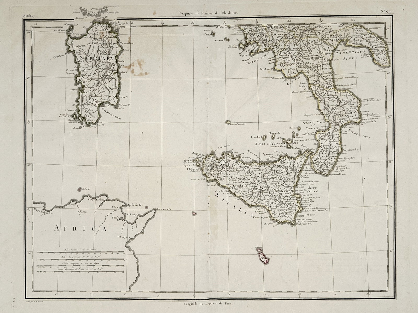 Pierre François Tardieu (1711–1771) – Map of Southern Italy, Sicily, and Sardinia – Italy: "Carte de la Partie Méridionale de l'Italie." This copper engraving provides a detailed geographical representation of Southern Italy, the islands of Sicily and Sardinia, and the northern coast of Af