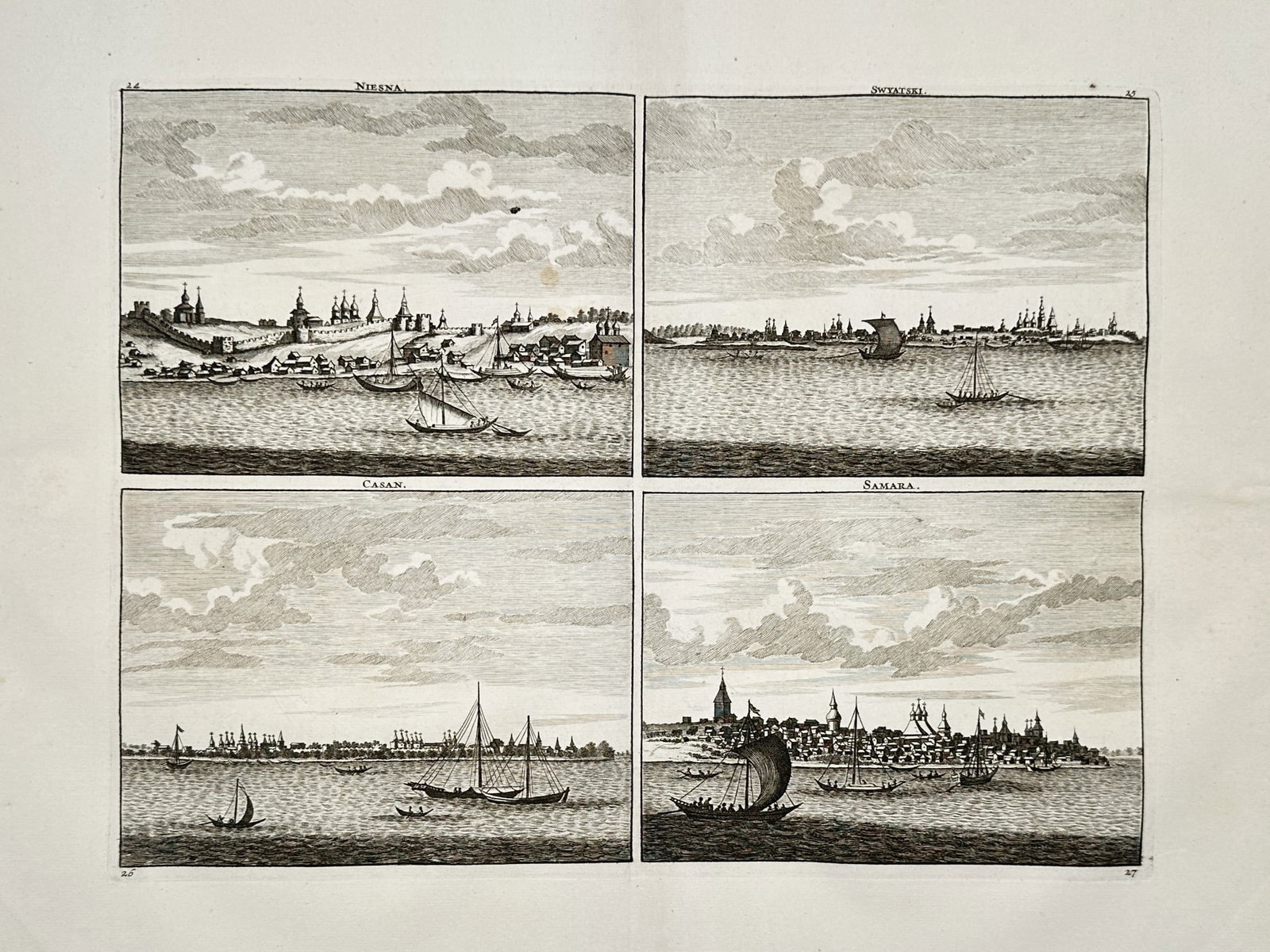 Cornelis de Bruyn – Panoramic Views of Nizhny Novgorod, Sviyazhsk, Kazan – Copper engraving: "Nisina, Swiatiski, Casan, Samara." This copper engraving presents four distinct topographical views of Russian cities situated along the Volga River, depicting architectural landmarks and river traff