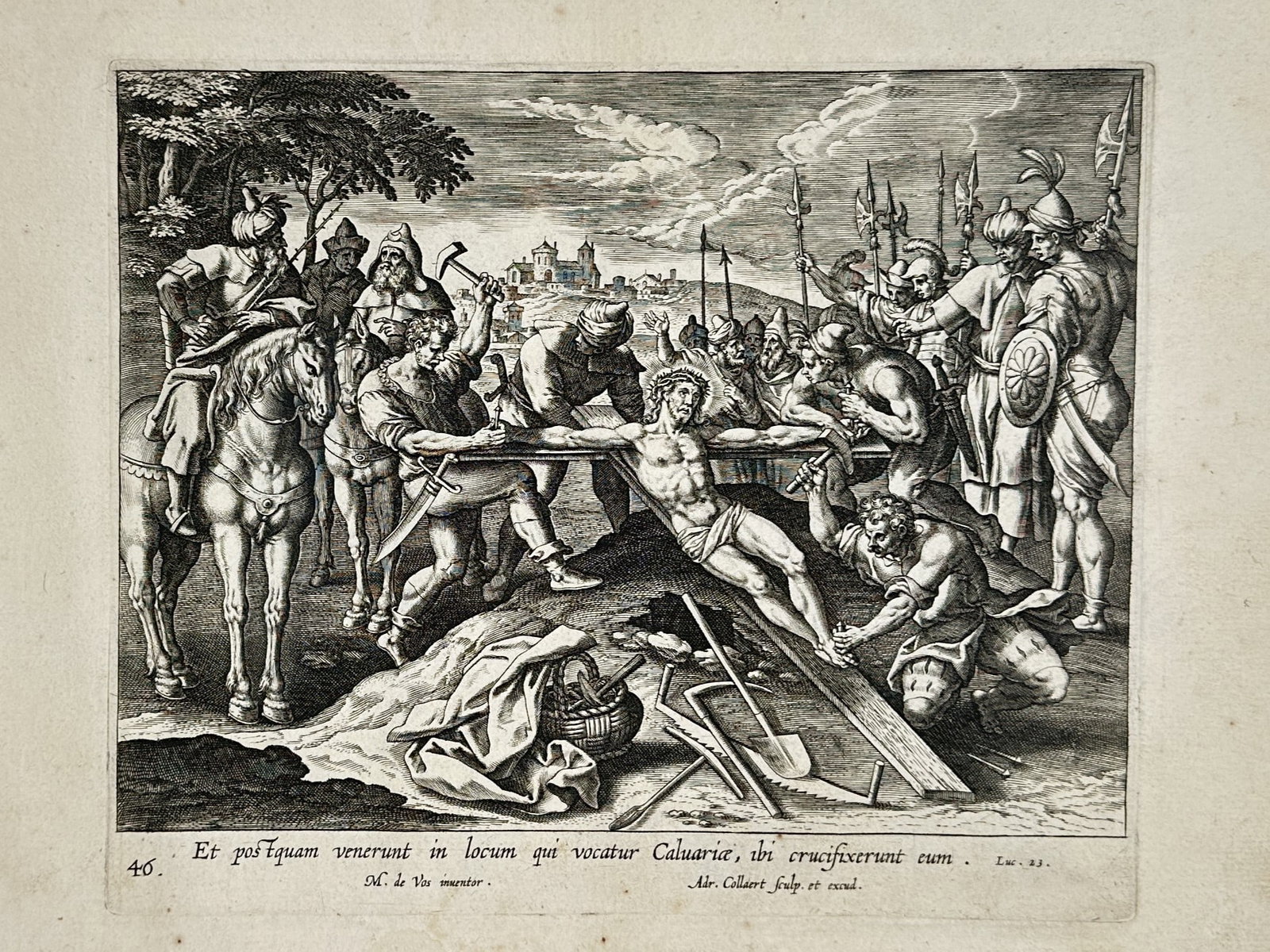 Marten de Vos (1532–1603) – The Crucifixion on Calvary – Engraving (1585) (1 of 2)