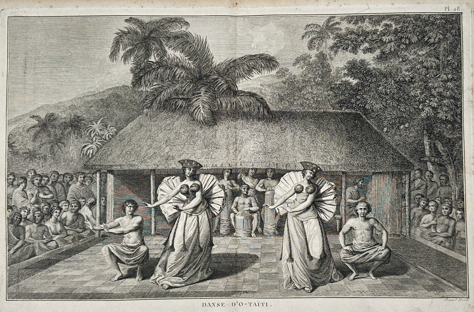 John Webber (1751–1793) – Dance of Tahiti – Engraving (1785): "DANSE D'O-TAÏTI." This engraving depicts a ceremonial dance in Tahiti, showing performers in traditional dress accompanied by musicians and spectators in front of a large thatched structure. The sce
