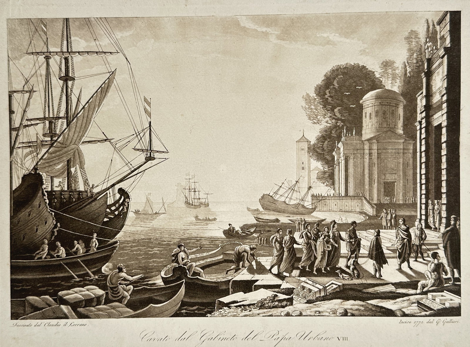 Gasparo Galliari (1760–1818) – Coastal View with the Embarkation of St. Paula – Etching (1773): "Cavato dal Gabinetto del Papa Urbano VIII." This etching depicts a grand maritime scene where a group of figures gathers on a stone quay next to classical palaces, preparing to board small boats that