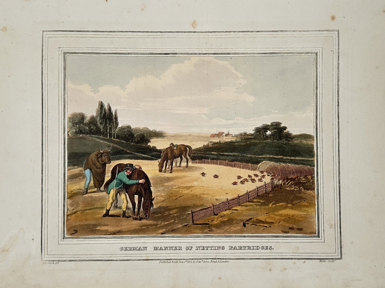 Samuel Howitt (1756–1822) – German Manner of Netting Partridges – Sporting Scene: "German Manner of Netting Partridges". This hand-coloured etching depicts a traditional hunting scene where hunters use horses and a bull as blinds to approach a covey of partridges near a curved net.