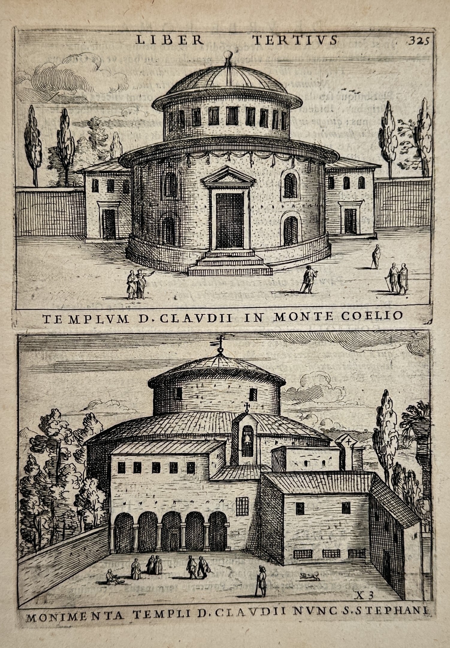 Alessandro Donati (1584–1640) – Temple of Claudius on the Caelian Hill – Etching (1633): templvm d clavdii in monte coelio monimenta templi d clavdii nvnc s stephani. This etching displays two views of the temple of claudius in rome with the upper portion showing a reconstruction of the c