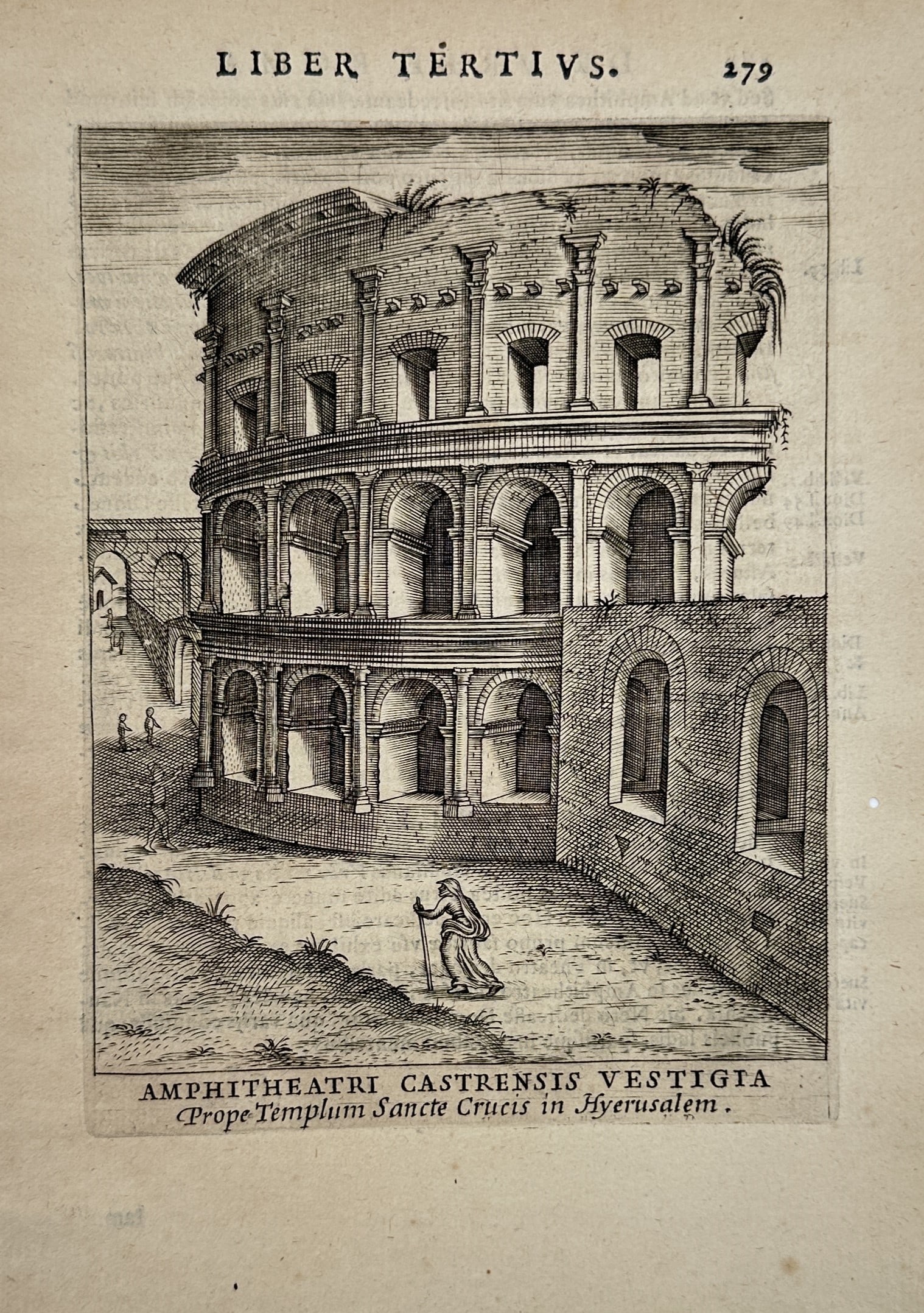 Alessandro Donati (1584–1640) – Remains of the Amphitheatrum Castrense – Etching (1633): amphitheatri castrensis vestigia prope templum sancte crucis in hyerusalem. This etching portrays the ruins of the amphitheatrum castrense in rome showing the exterior curved brick facade with its tie