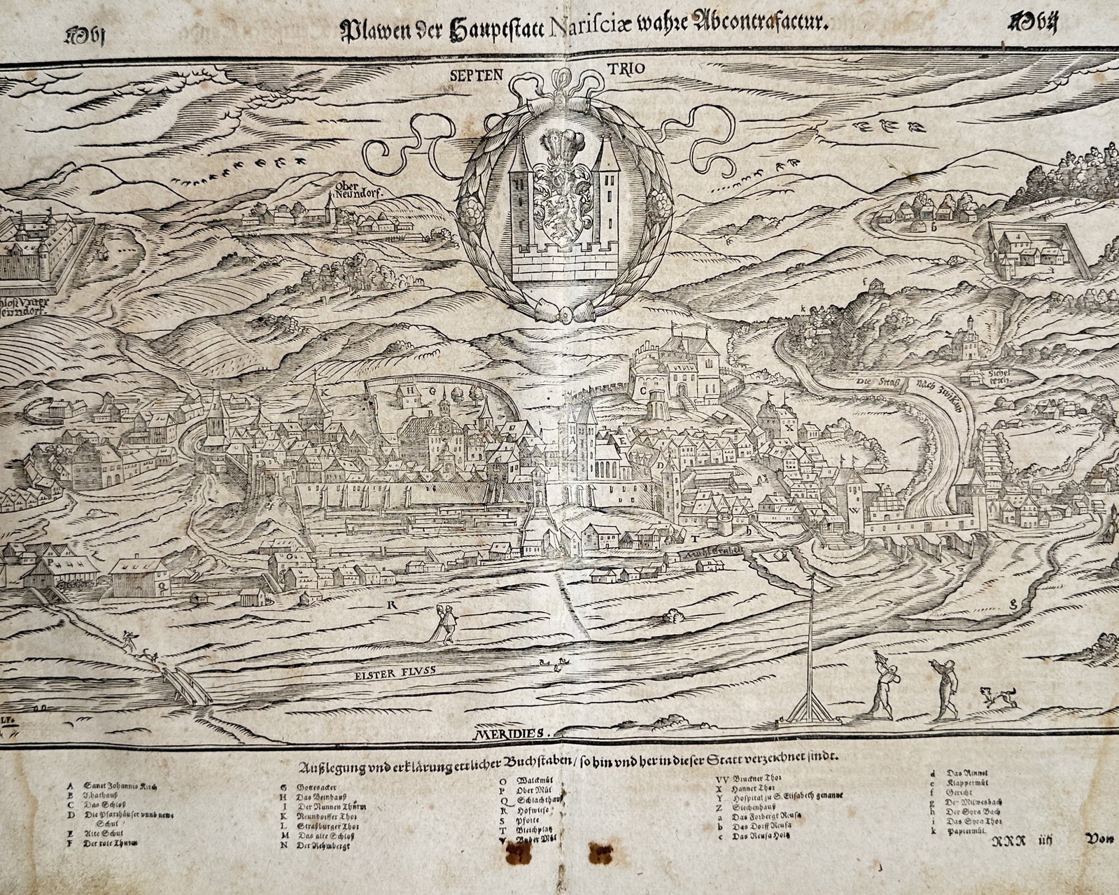 Sebastian Munster (1488–1552) – Map of Plauen – Germany – Woodcut (1550): "plawen der hauptstatt narisciae wahre abcontrafactur". This woodcut provides a panoramic view of the city of plauen in saxony, depicting its fortified walls, churches, and civic buildings nestled alo